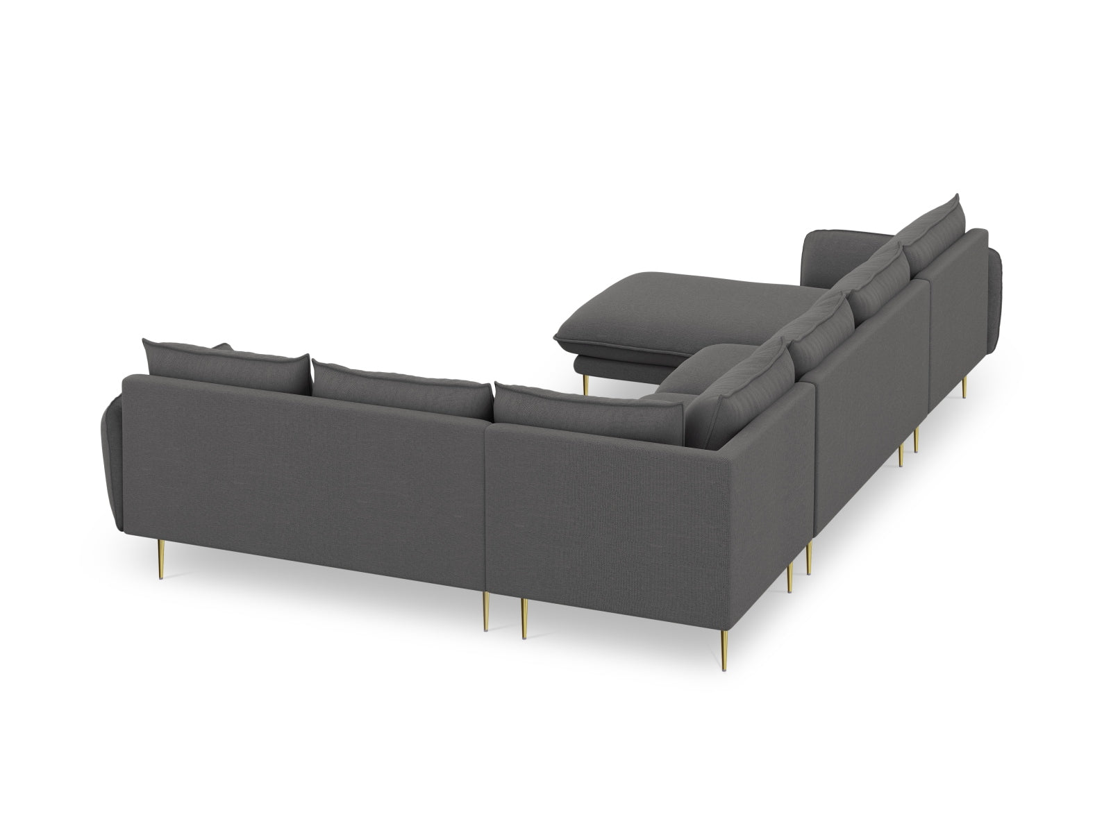 Stilvolles, großzügiges Ecksofa "Vienna Panoramic" in Dunkelgrau, 235 cm, mit luxuriösen goldenen Details, perfekt für zeitgemäße Interiors.
