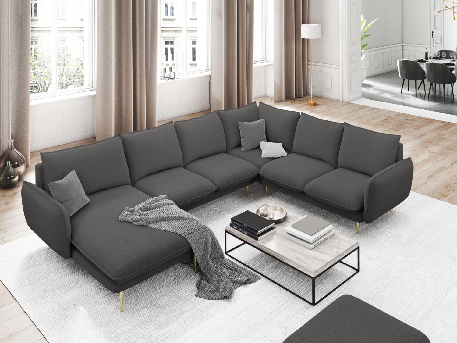 Elegantes Vienna Panoramic Ecksofa rechts, 7 Sitzer, 235 cm, in stilvollem Dunkelgrau mit goldenen Akzenten, ideal für moderne Wohnräume.