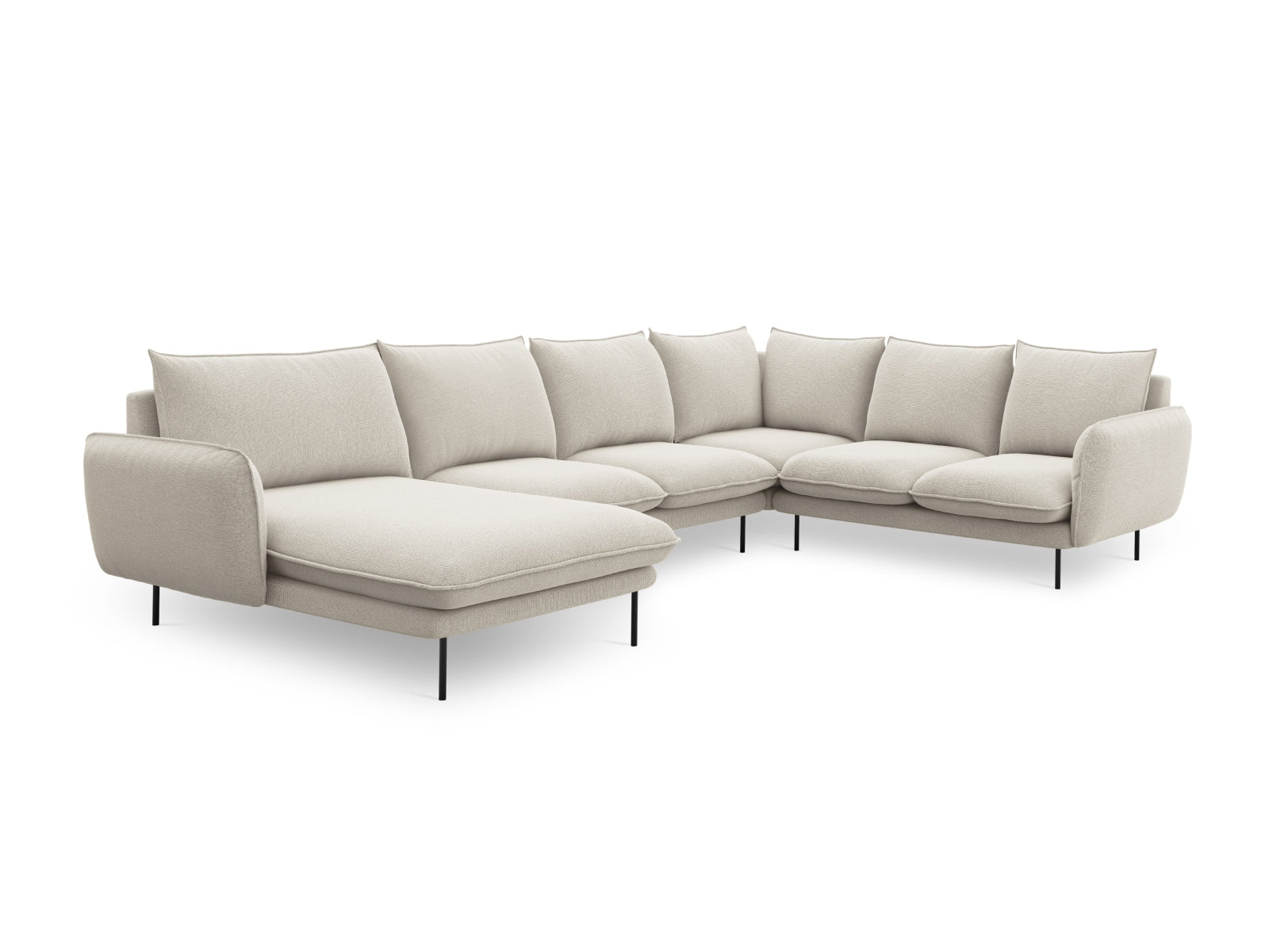 Elegantes Vienna Panoramic Ecksofa in neutralen Beige- und Schwarznuancen, ideal für gemütliche Zusammenkünfte und modernes Wohndesign, für bis zu 7 Personen.