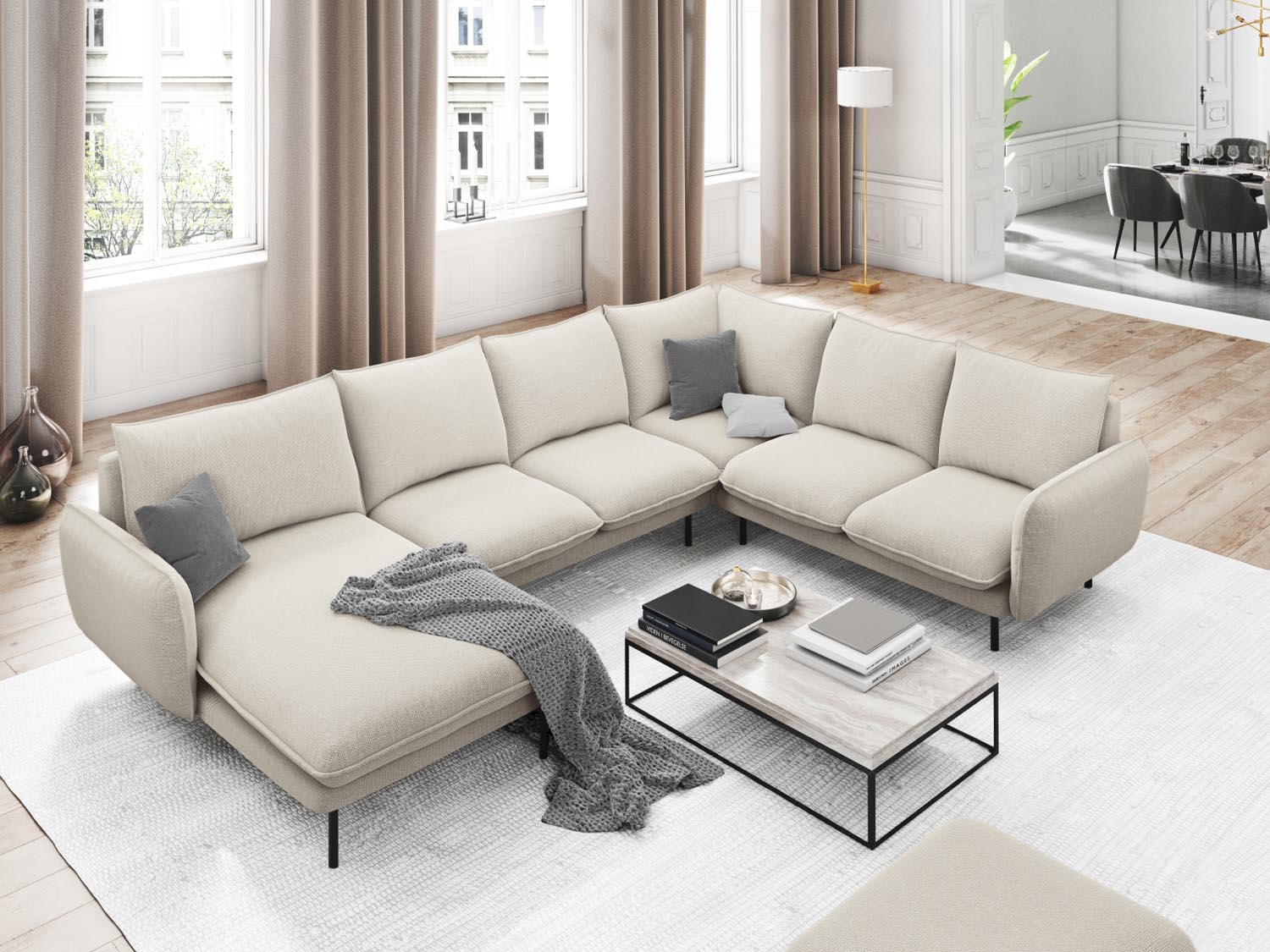 Elegantes Vienna Panoramic Ecksofa in Light Beige und Schwarz, ideal für stilvolle Wohnräume, bietet Platz für bis zu 7 Personen.