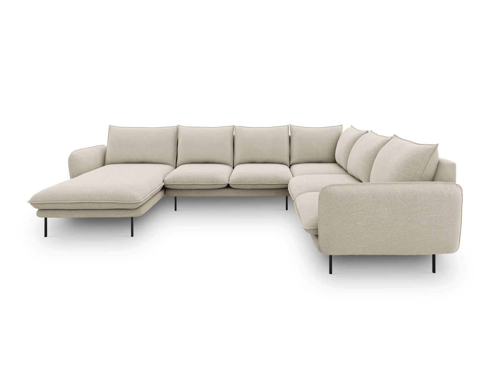 Elegantes, beiges und schwarzes Ecksofa mit 7 Sitzen, 235 cm, ideal für stilvolle Wohnräume, von Cosmopolitan Design.