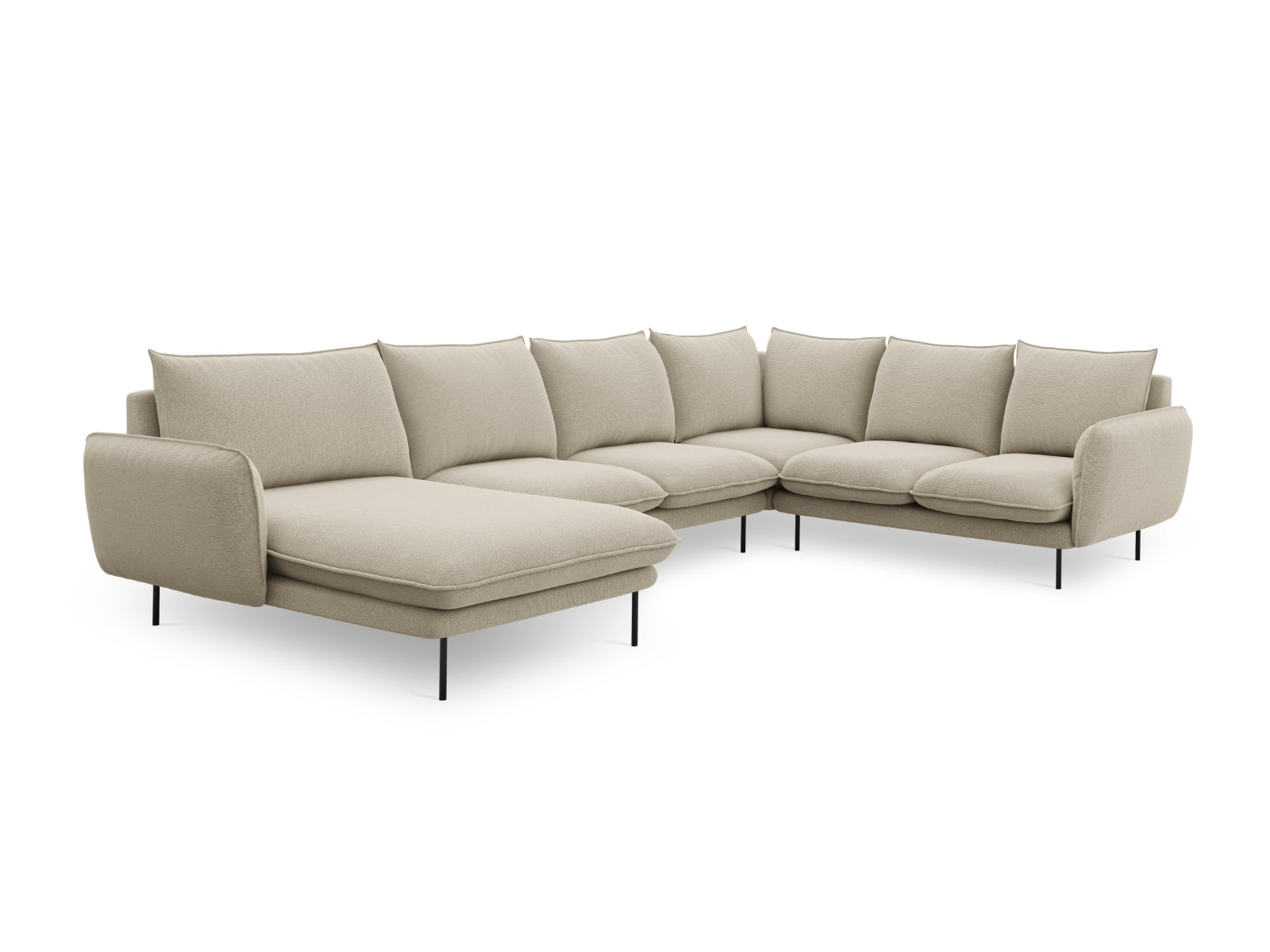 Modernes Ecksofa in Beige und Schwarz, 7-Sitzer mit 235 cm, perfekt für gemütliche und stilvolle Wohnzimmer von Cosmopolitan Design.