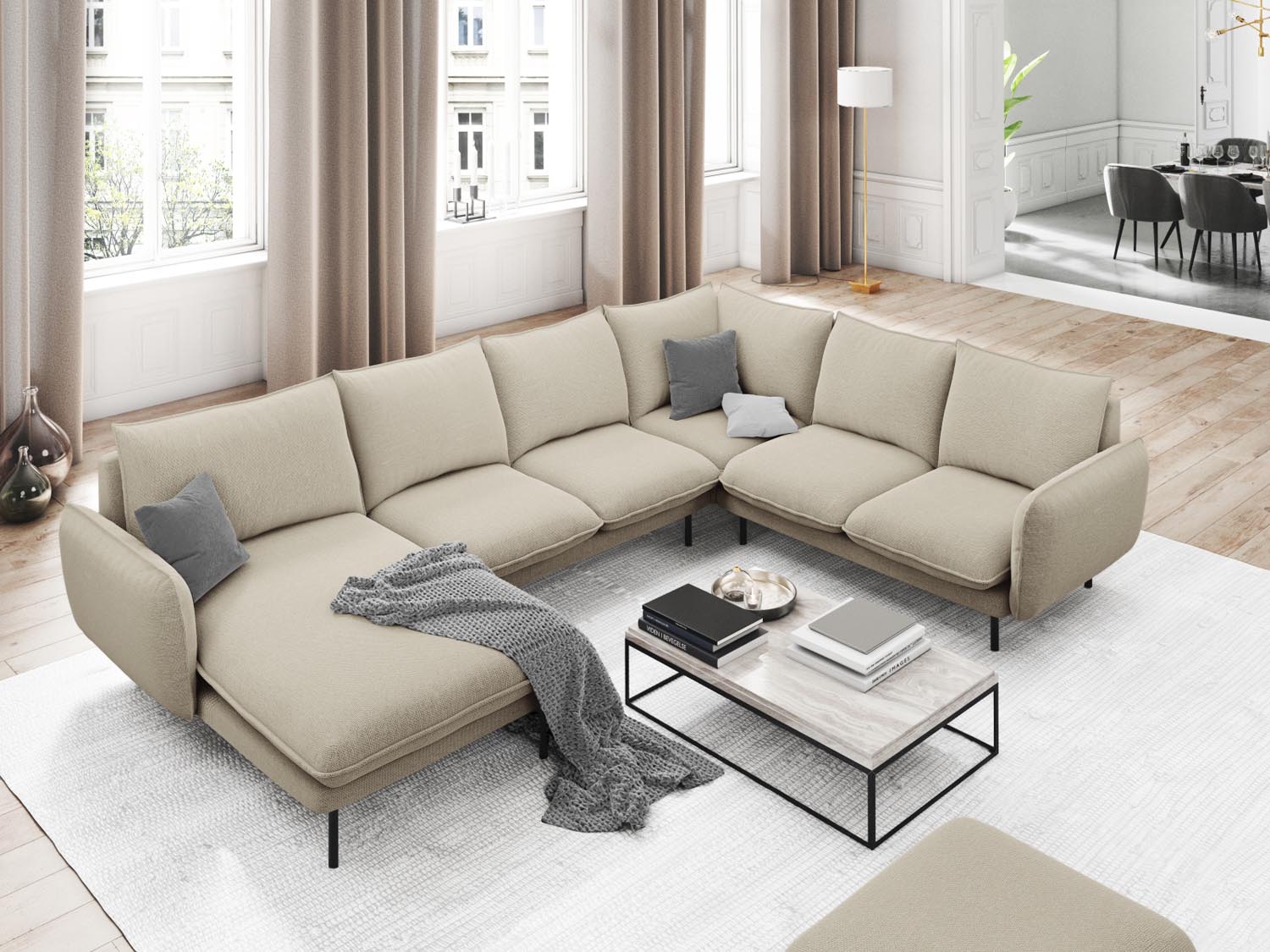 Beige und schwarzes Vienna Panoramic Ecksofa rechts, 7 Sitzer, 235 cm, stilvolles Design für modernen Wohnraum, präsentiert von Cosmopolitan Design.