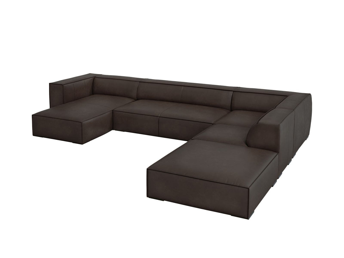 Cosmopolitan Design Turin Panorama-Ecksofa rechts aus Rindsleder in Grey Brown-Granada, mit Massivholzrahmen und Beinen aus Buchenholz.