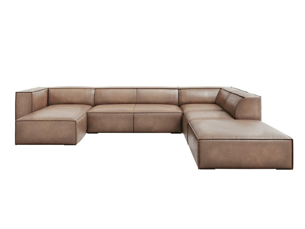 Cosmopolitan Design Turin Panorama-Ecksofa rechts aus Rindsleder in Grey Brown-Granada, mit Massivholzrahmen und Beinen aus Buchenholz.
