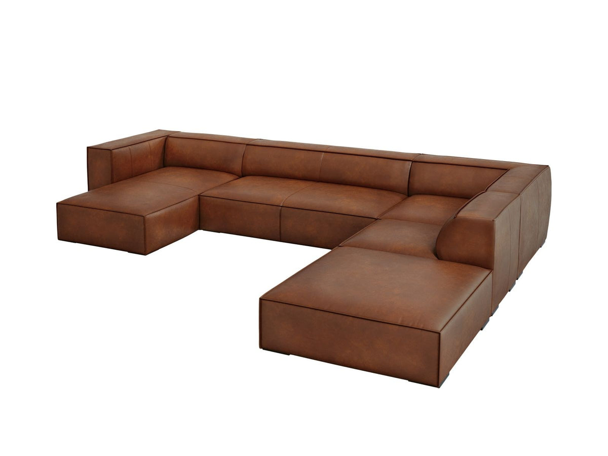 Cosmopolitan Design Turin Panorama-Ecksofa rechts aus Rindsleder in Grey Brown-Granada, mit Massivholzrahmen und Beinen aus Buchenholz.