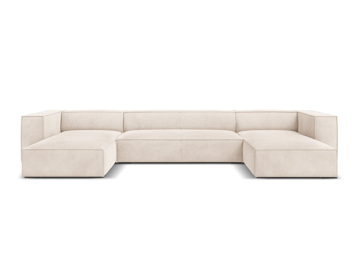 Terracotta-farbenes Panorama-Sofa mit Récamiere, Chenille-Bezug, schwarzen Buchenholzbeinen und Kiefer-Rahmen, sechs Sitzplätze.