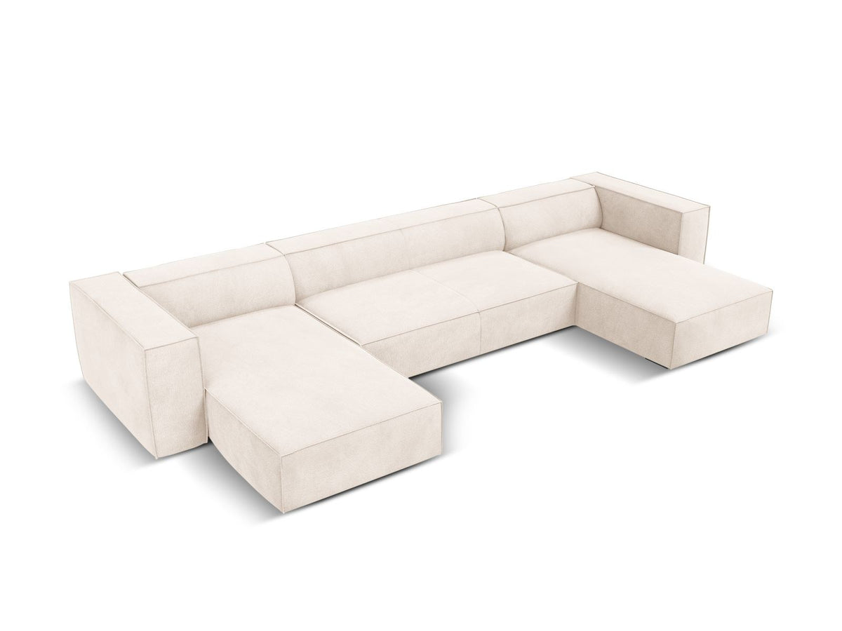Terracotta-farbenes Panorama-Sofa mit Récamiere, Chenille-Bezug, schwarzen Buchenholzbeinen und Kiefer-Rahmen, sechs Sitzplätze.