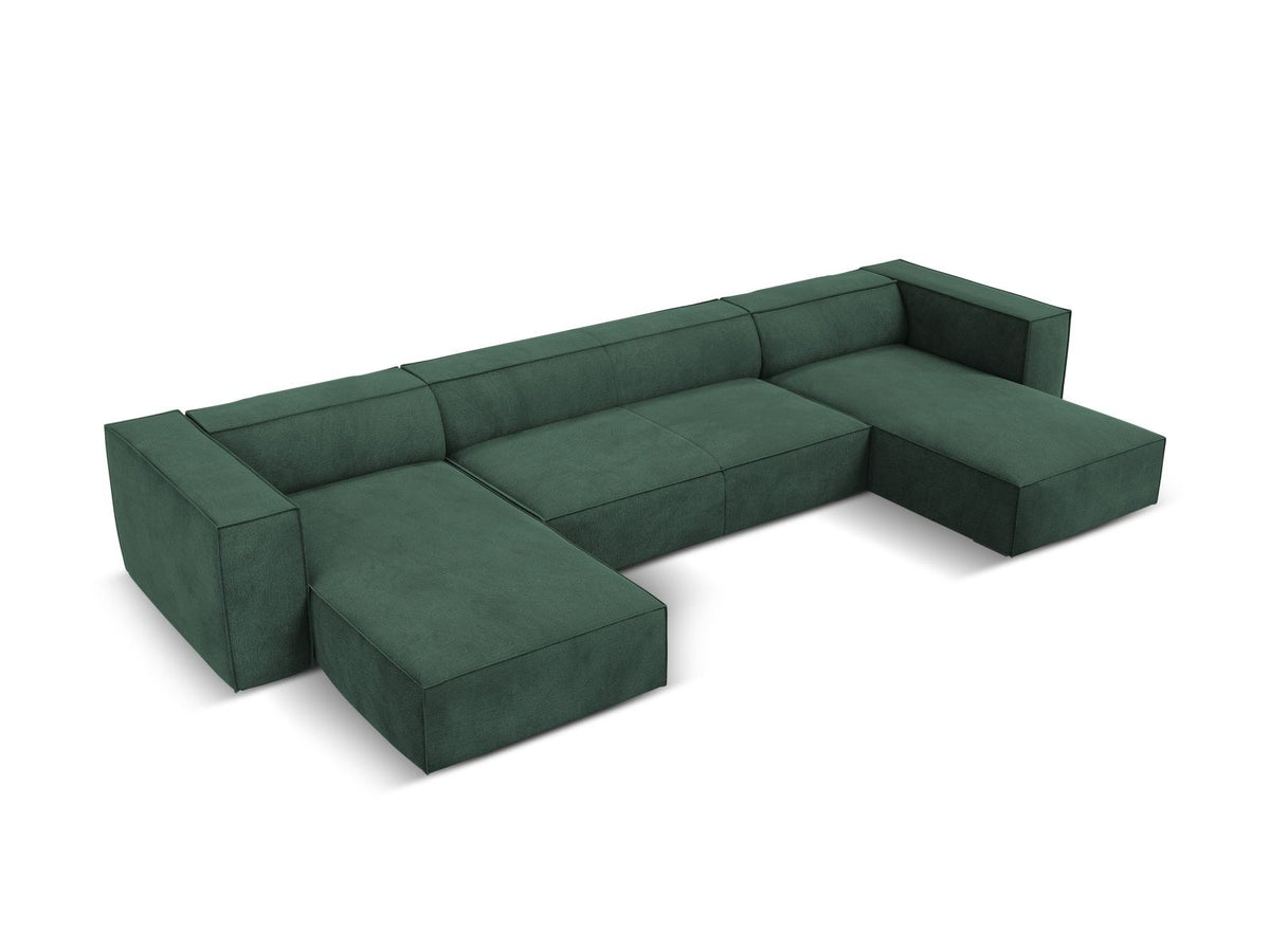 Terracotta-farbenes Panorama-Sofa mit Récamiere, Chenille-Bezug, schwarzen Buchenholzbeinen und Kiefer-Rahmen, sechs Sitzplätze.