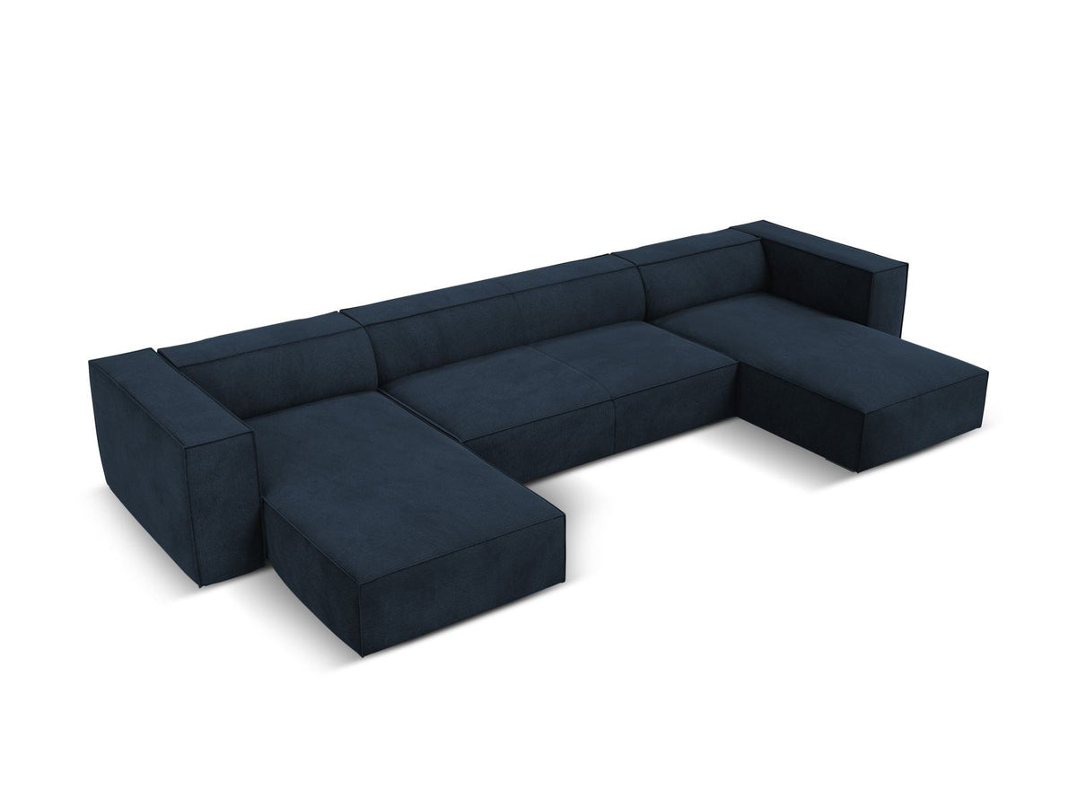 Terracotta-farbenes Panorama-Sofa mit Récamiere, Chenille-Bezug, schwarzen Buchenholzbeinen und Kiefer-Rahmen, sechs Sitzplätze.