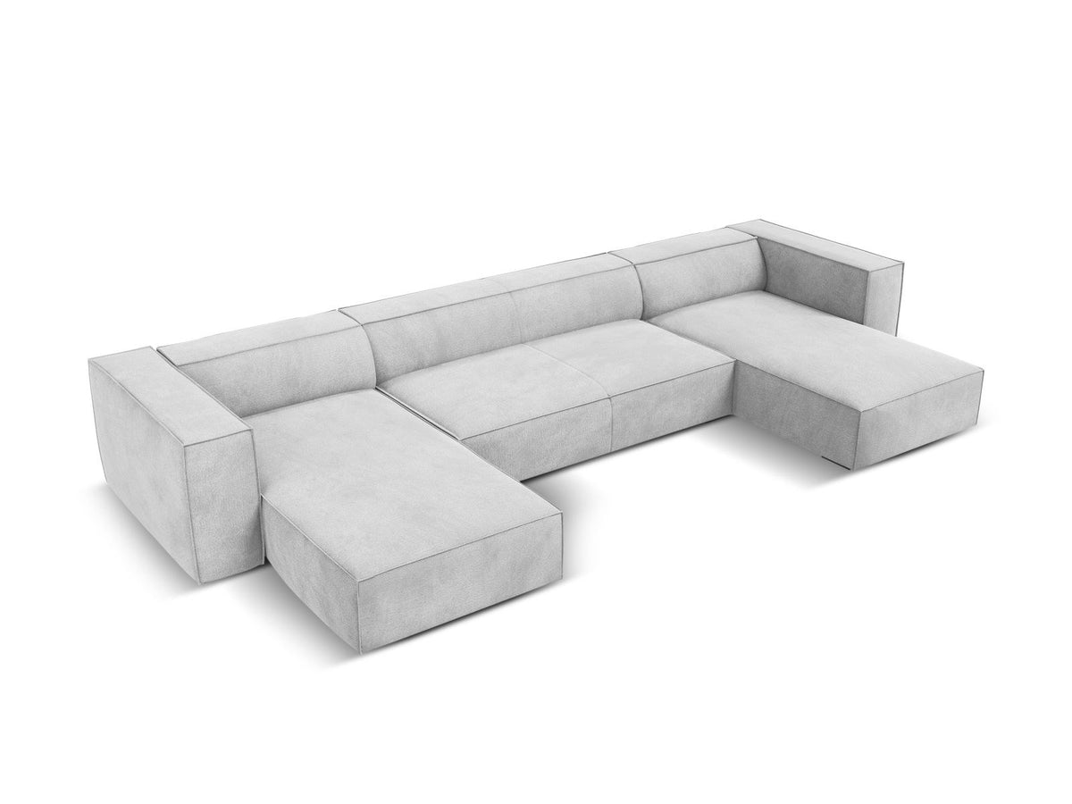 Terracotta-farbenes Panorama-Sofa mit Récamiere, Chenille-Bezug, schwarzen Buchenholzbeinen und Kiefer-Rahmen, sechs Sitzplätze.