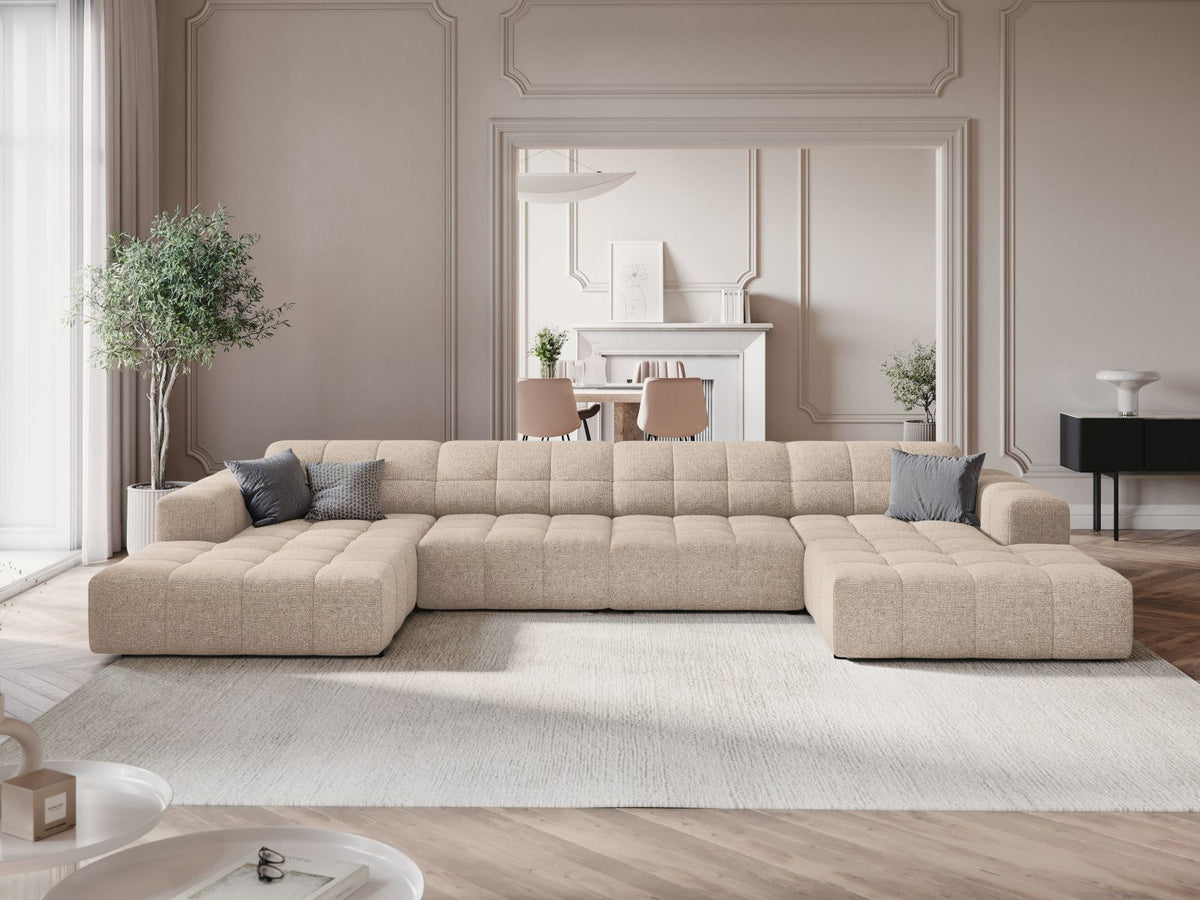 Cosmopolitan Design Chicago Panoramic Sofa, 6-Sitzer in Light Beige-Eden, Massivholzrahmen, Kunststoffbeine, grosszügige Sitzfläche mit Récamiere.