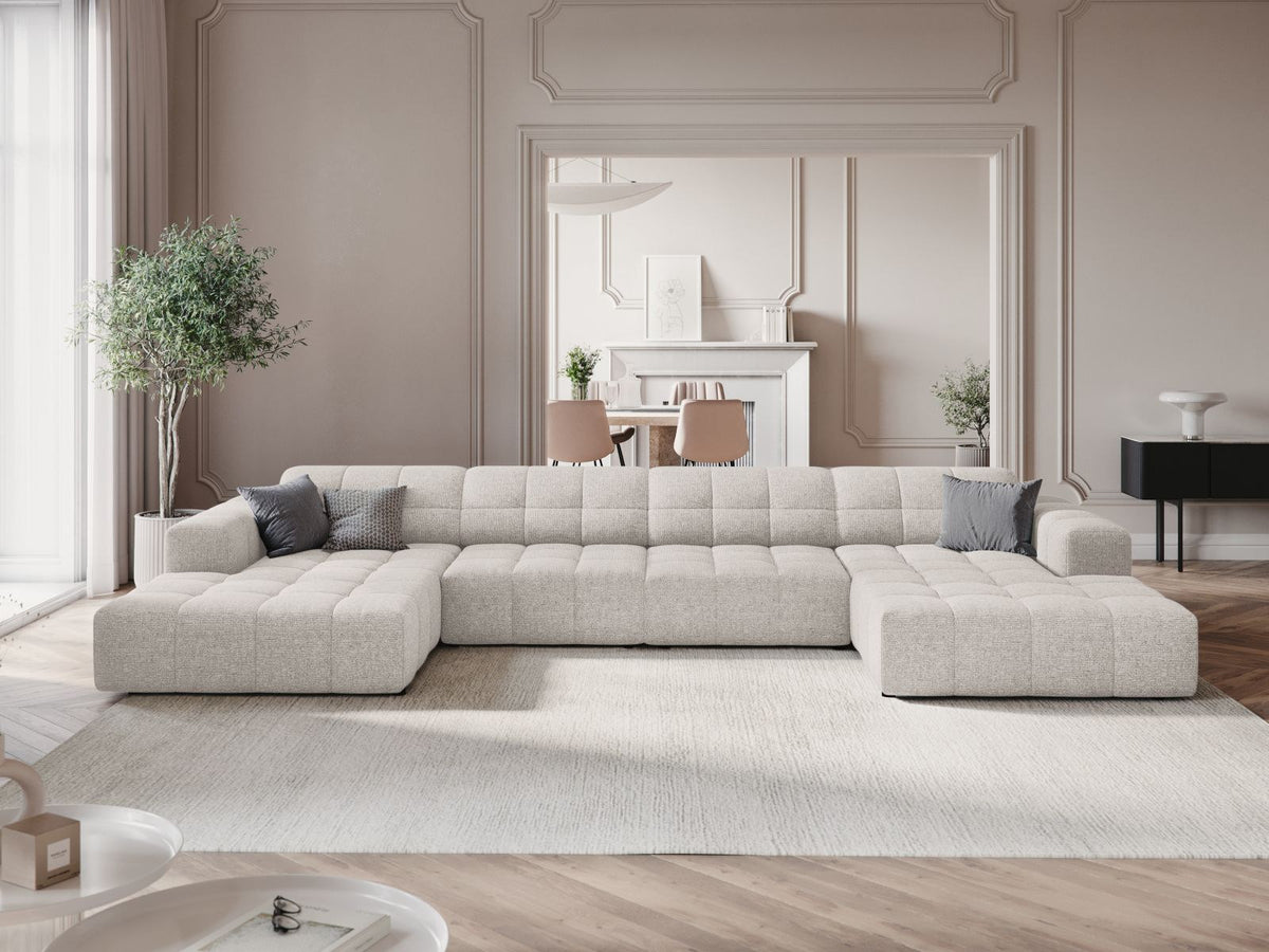 Cosmopolitan Design Chicago Panoramic Sofa, 6-Sitzer in Light Beige-Eden, Massivholzrahmen, Kunststoffbeine, grosszügige Sitzfläche mit Récamiere.