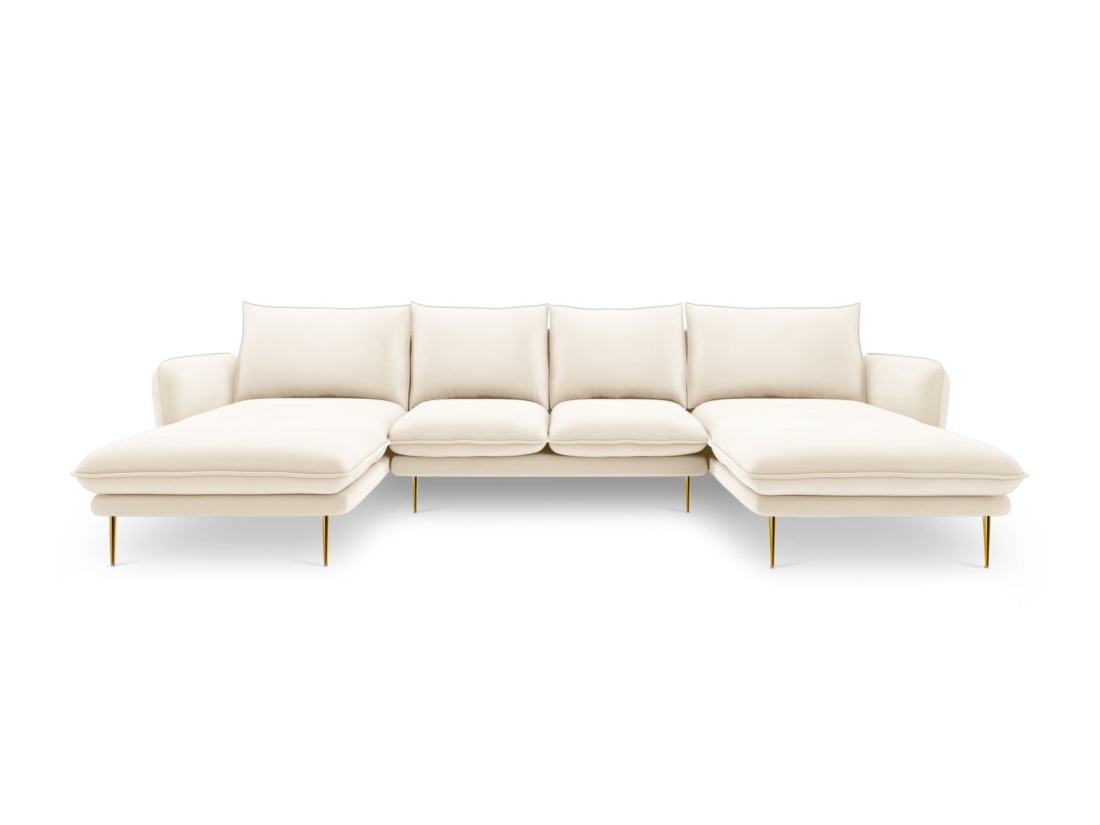 Elegantes Vienna Velour Panoramic Sofa für 6 Personen in sanftem Beige und Gold-Bluvel, ideal für stilvolle Wohnräume.