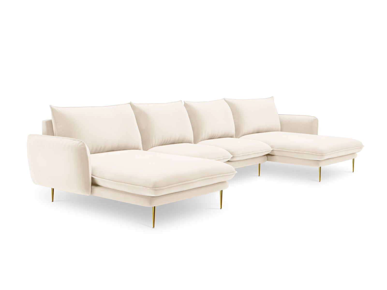 Luxuriöses 6-Sitzer Vienna Velour Panoramic Sofa in sanften Beige- und Goldtönen, perfekt für moderne und elegante Wohnambiente.