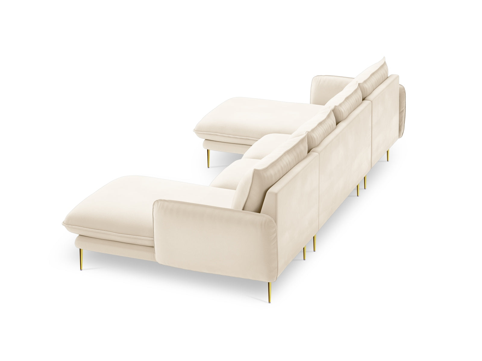 Elegantes 6-Sitzer Sofa im Veloursdesign, ideal für stilvolle Wohnräume, in sanften Beige- und Goldnuancen.