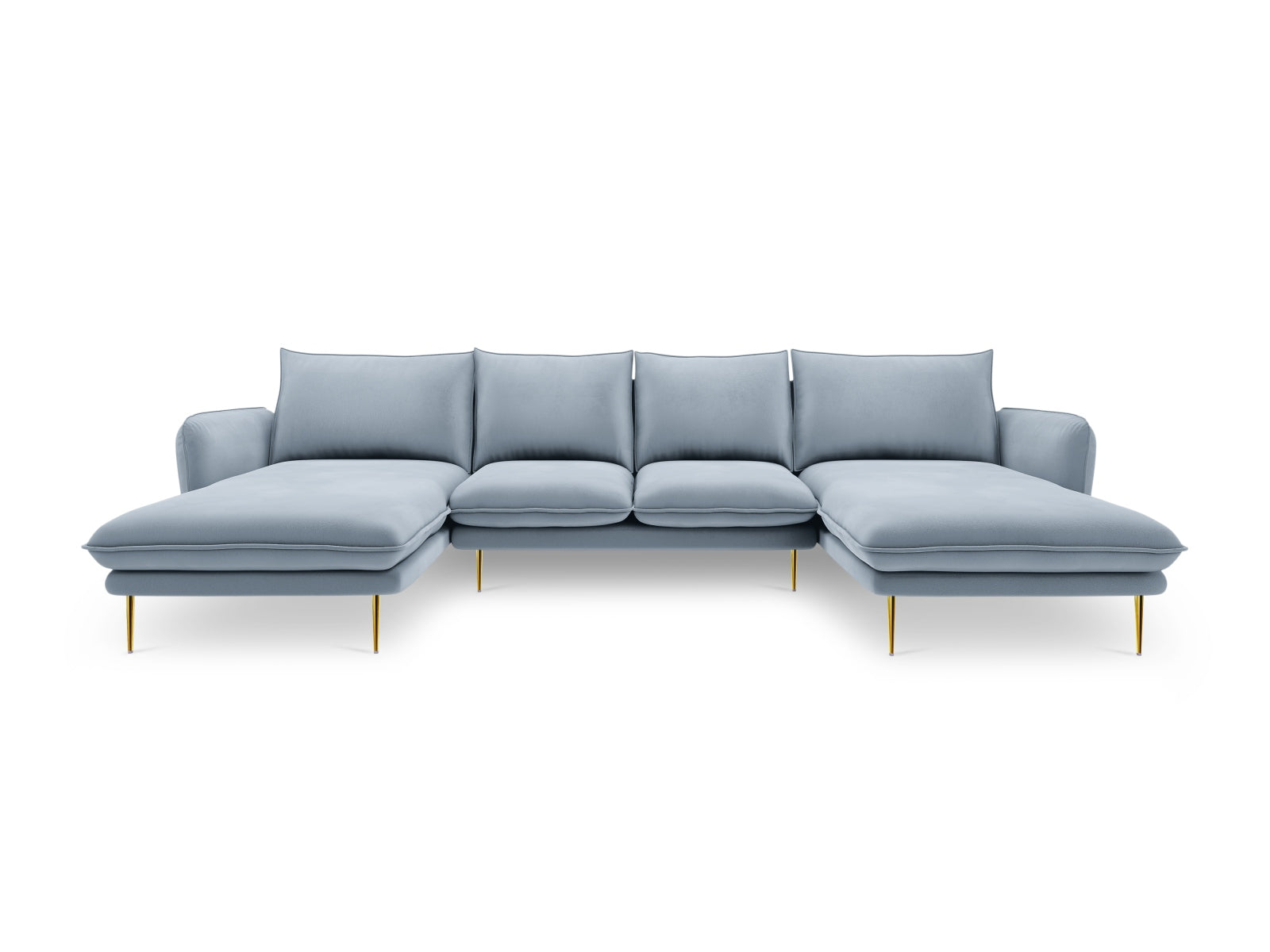 Elegantes Vienna Velour Panoramic Sofa für 6 Personen in sanftem Hellblau und Gold-Bluvel, ideal für stilvolle Wohnräume.