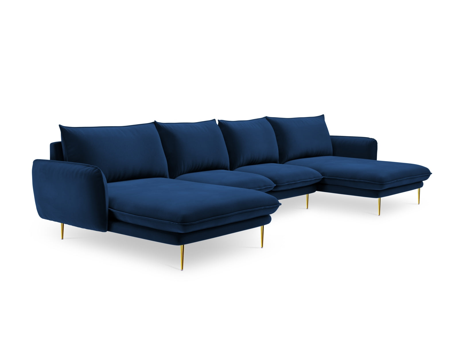 Luxuriöses 6-Sitzer Sofa in tiefem Royalblau, ausgestattet mit goldenen Details, für ein modernes und elegantes Wohnambiente.