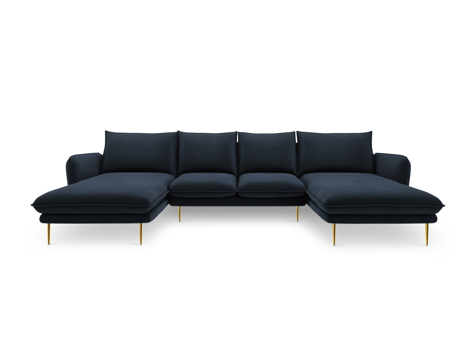 Elegantes Vienna Velour Panoramic Sofa für 6 Personen in Dunkelblau und Gold-Bluvel, ideal für stilvolle Wohnräume.