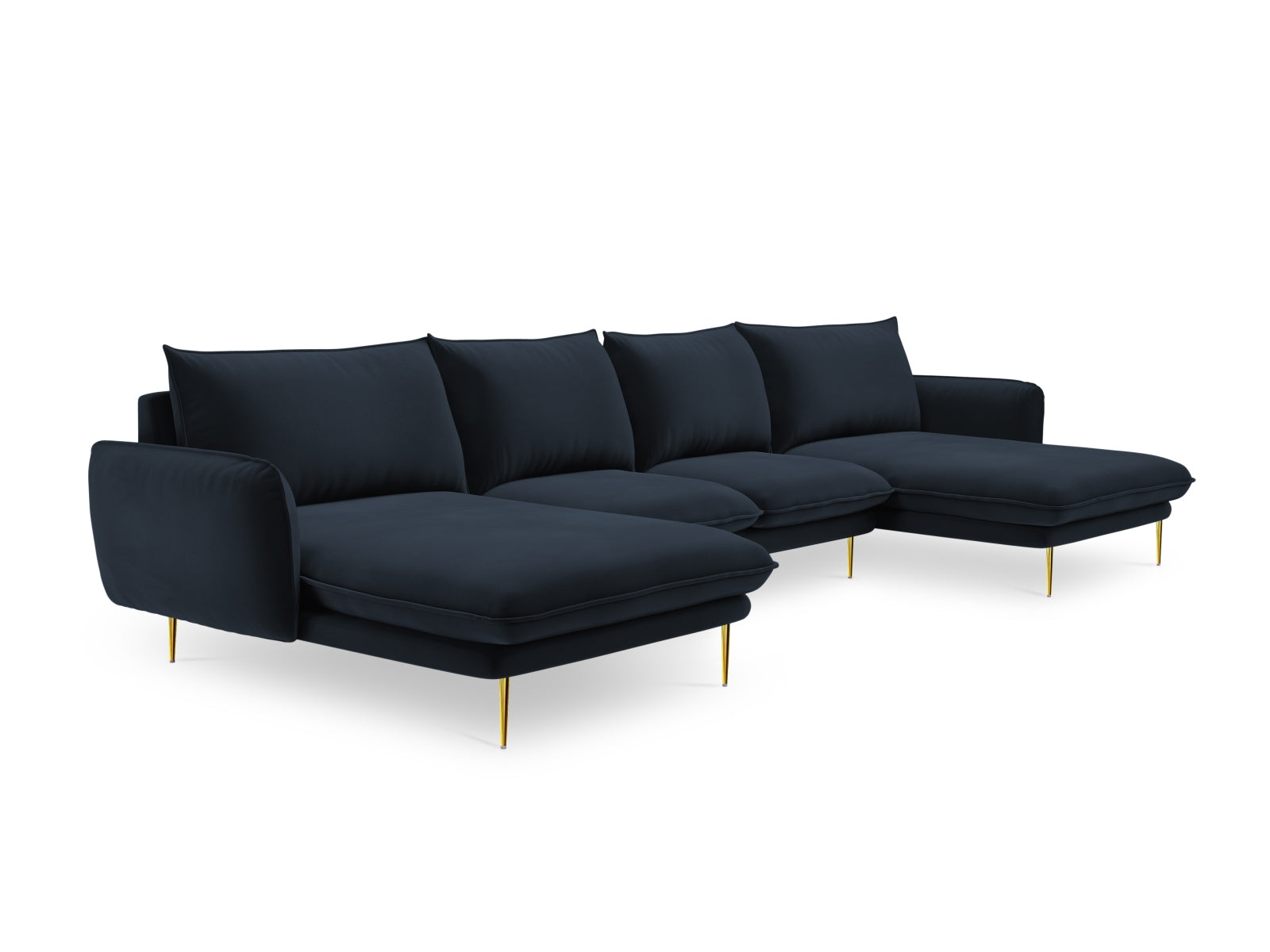 Luxuriöses 6-Sitzer Vienna Velour Panoramic Sofa in Dunkelblau mit goldenen Akzenten, perfekt für moderne und elegante Wohnumgebungen.