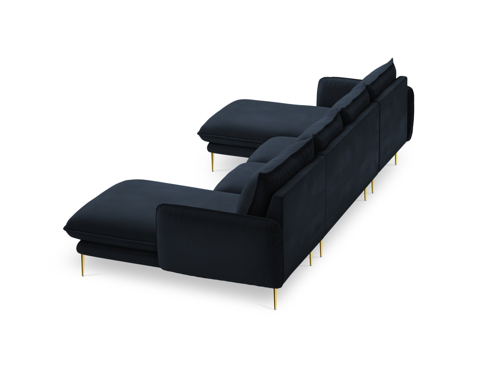 Elegantes 6-Sitzer Sofa im Veloursdesign, dunkelblau mit goldenen Details, ideal für stilvolle Wohnzimmer und gesellige Runden.