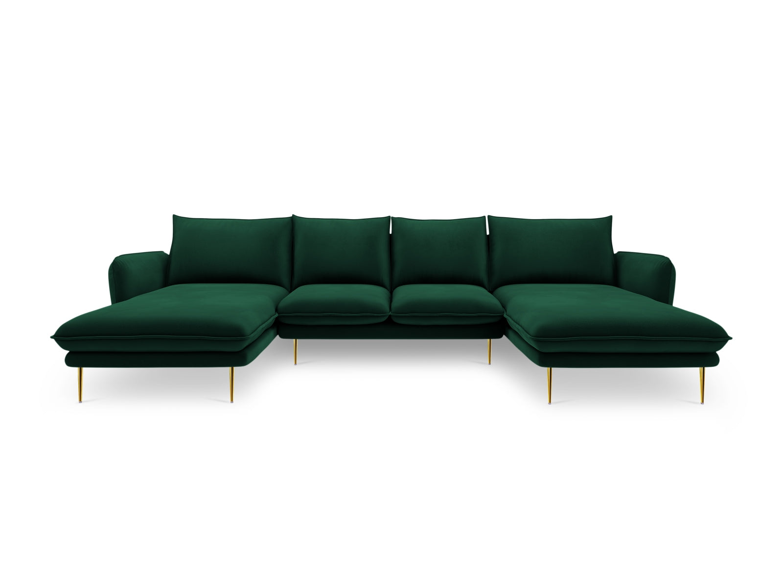 Elegantes Vienna Velour Panoramic Sofa für 6 Personen in edlem Flaschengrün und Gold-Bluvel, ideal für stilvolle Wohnräume.