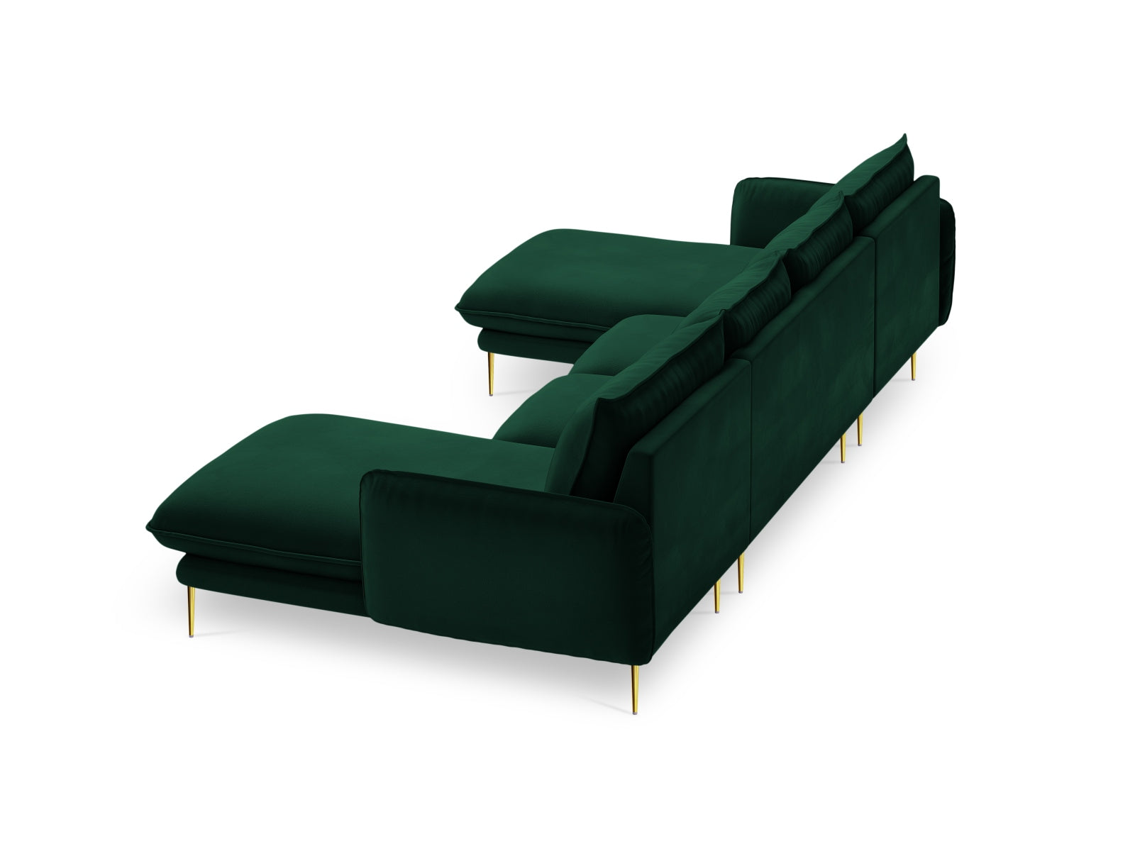 Elegantes 6-Sitzer Sofa im samtigen Vienna Velour, tiefgrün mit goldenen Details, ideal für stilvolle Wohnräume.