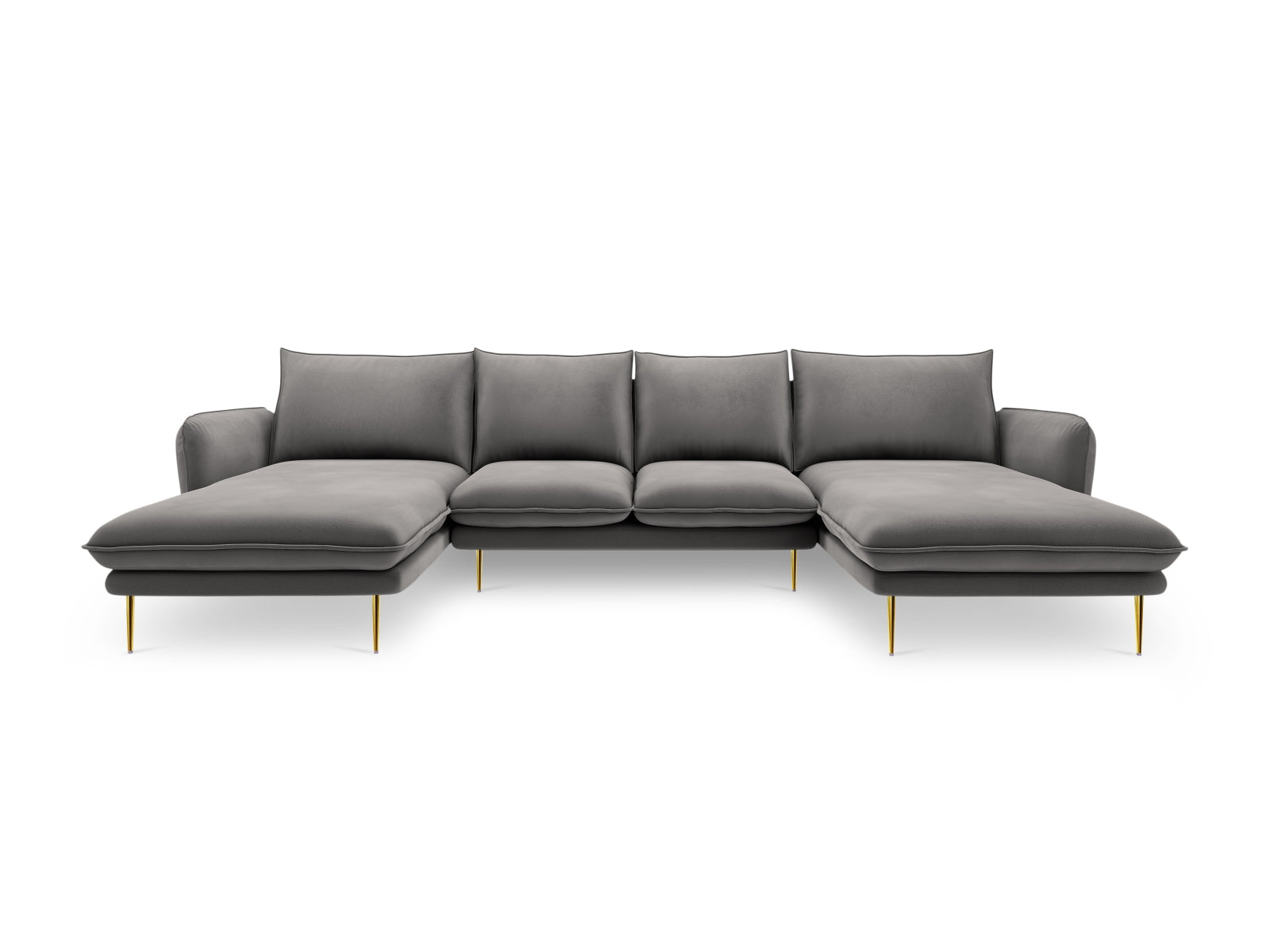 Elegantes Vienna Velour Panoramic Sofa für 6 Personen in sanftem Hellgrau mit goldenen Akzenten, ideal für stilvolle Wohnräume.