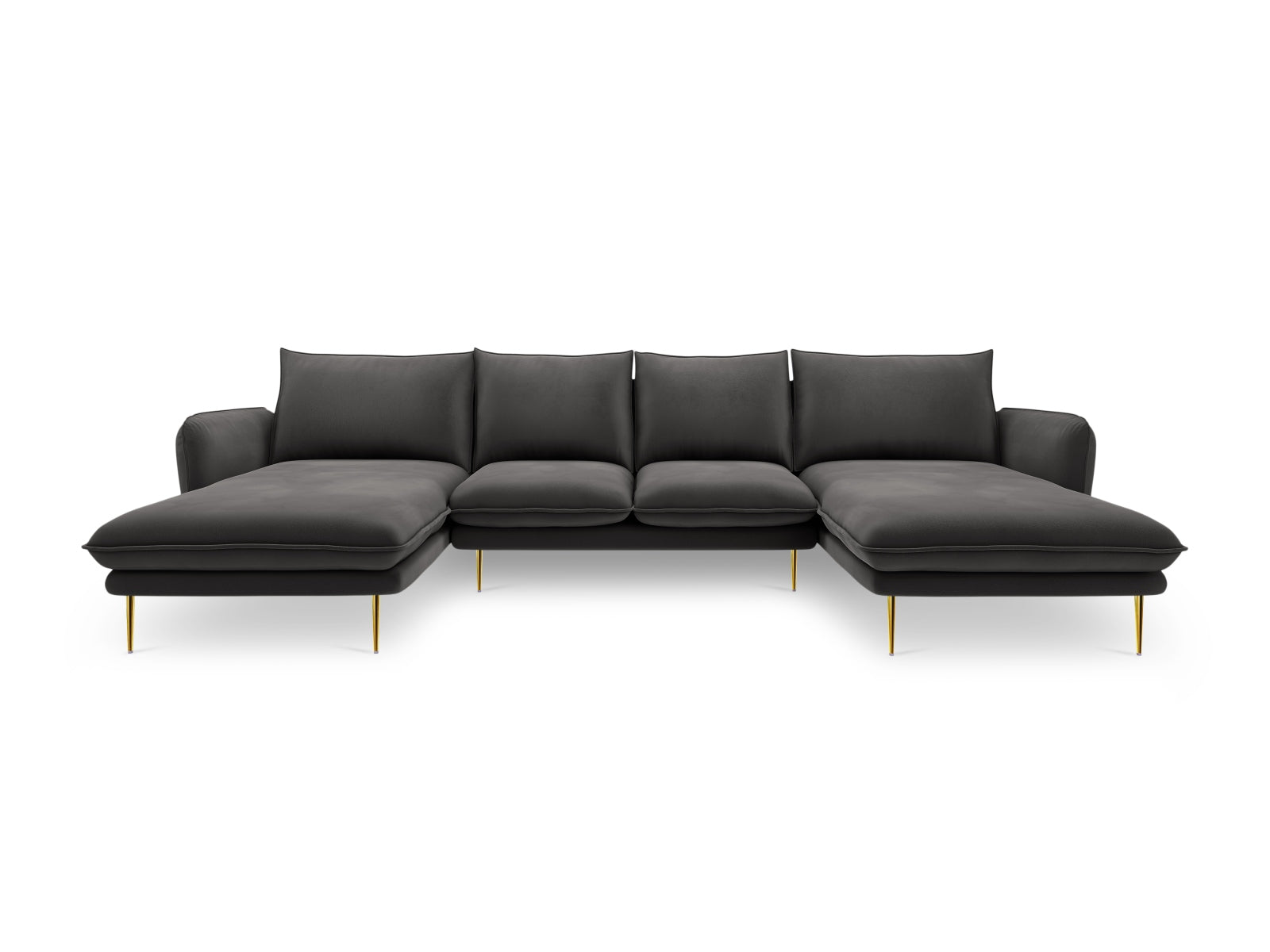 Elegantes Vienna Velour Panoramic Sofa für 6 Personen in Dunkelgrau mit goldenen Akzenten, ideal für stilvolle Wohnräume.