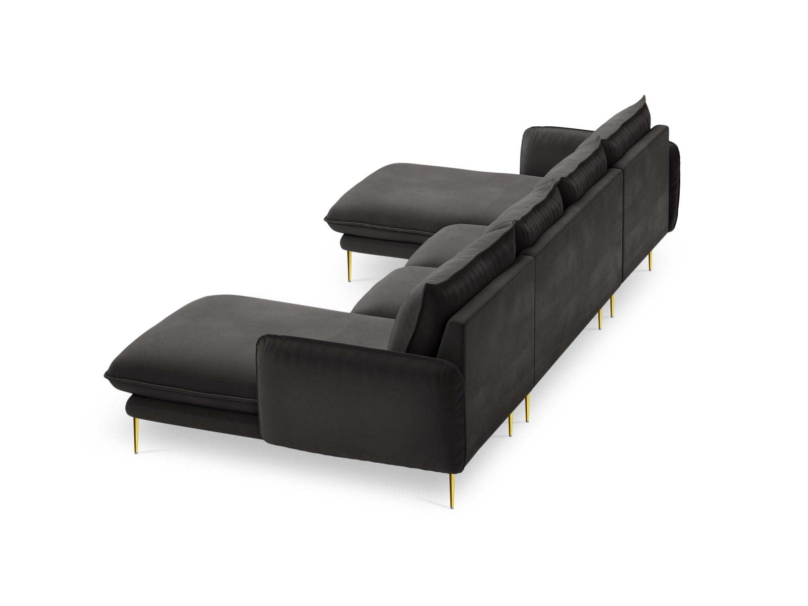 Elegantes 6-Sitzer Sofa in dunklem Velours mit goldenen Akzenten, ideal für stilvolle und komfortable Wohnräume.