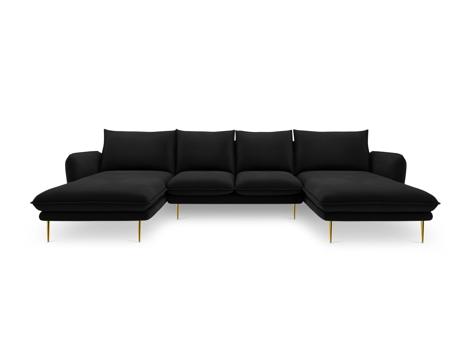 Elegantes Vienna Velour Panoramic Sofa für 6 Personen in stilvollem Schwarz und Gold-Bluvel, ideal für moderne Wohnräume.