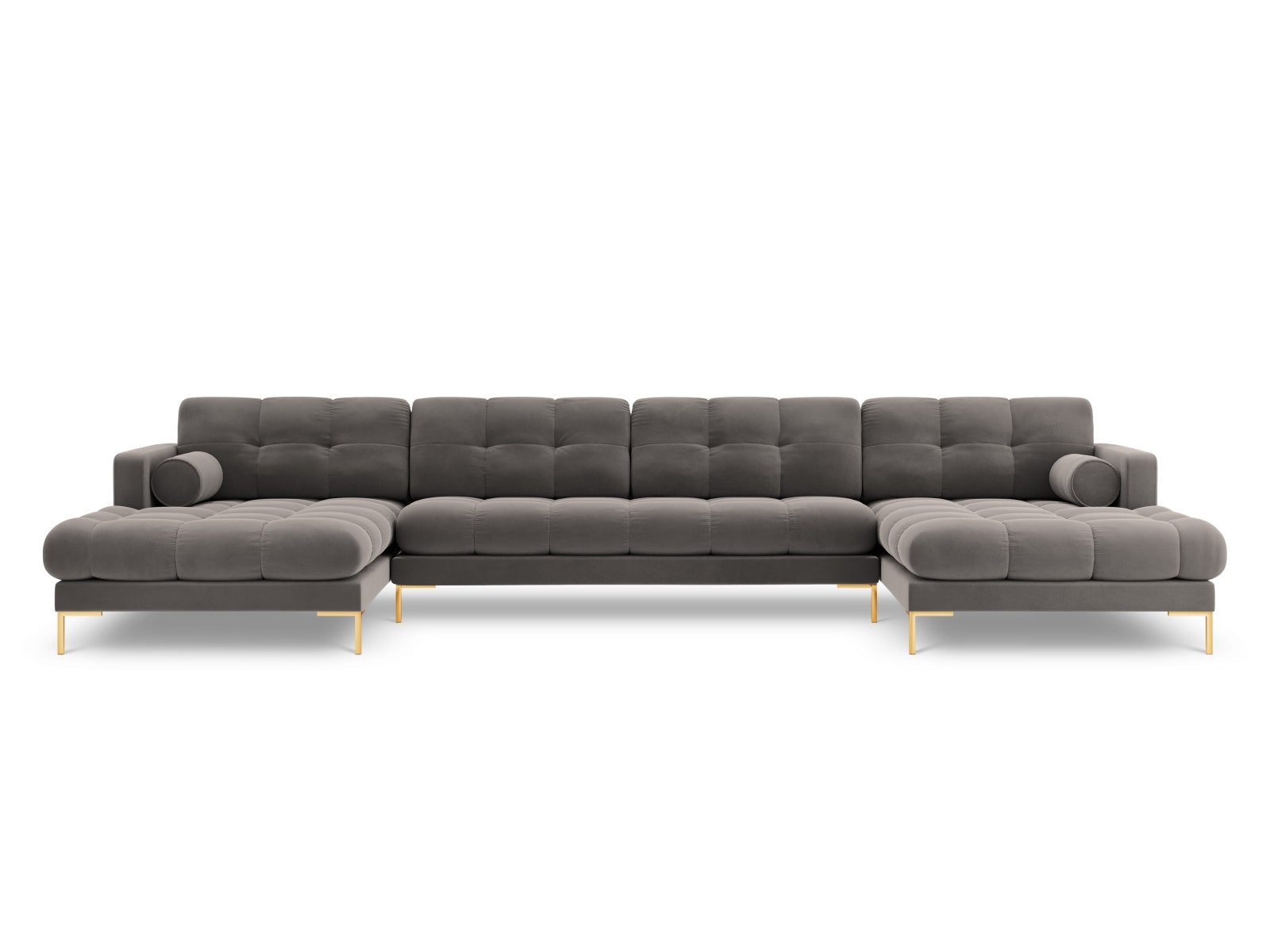 Geräumiges 7-Sitzer Panoramic Sofa Bali in modernem Light Grey-Bluvel, perfekt für entspannte Stunden mit Freunden und Familie.
