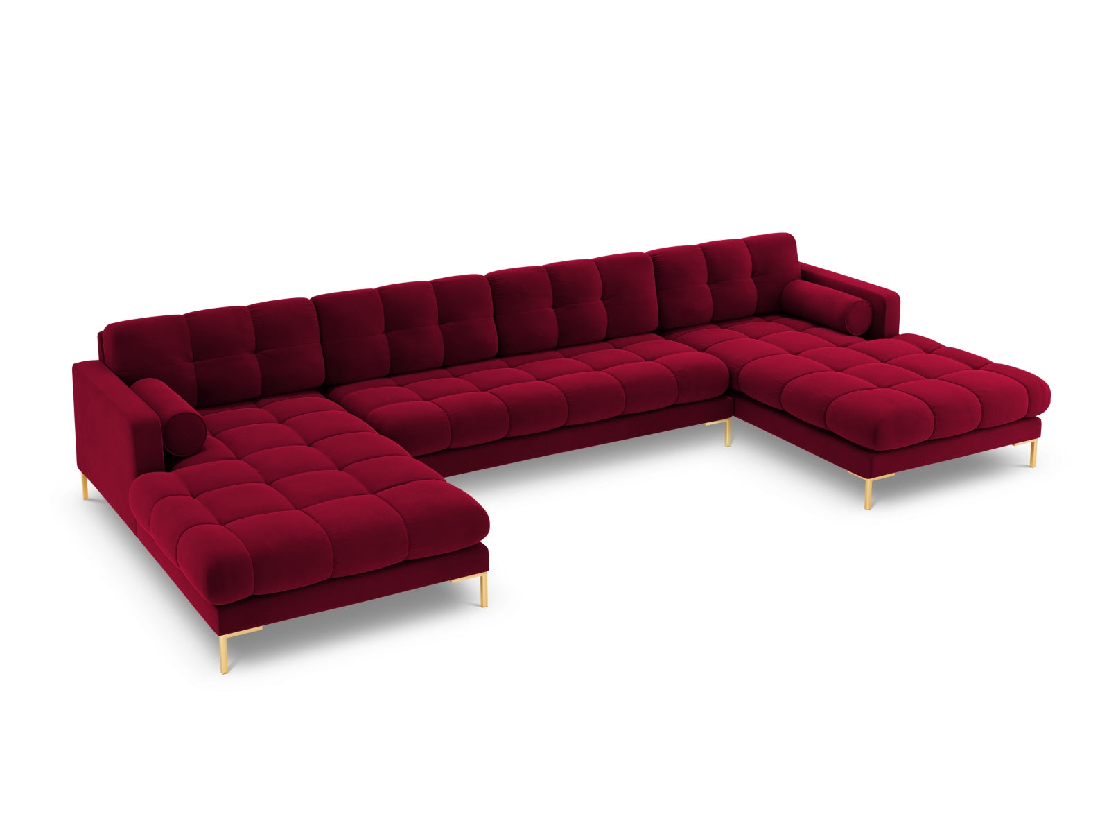 Stilvolles 7-Sitzer Panoramic Sofa Bali in zeitgemäßem Red-Bluvel, perfekt für gesellige Runden und entspannte Stunden im Wohnbereich.