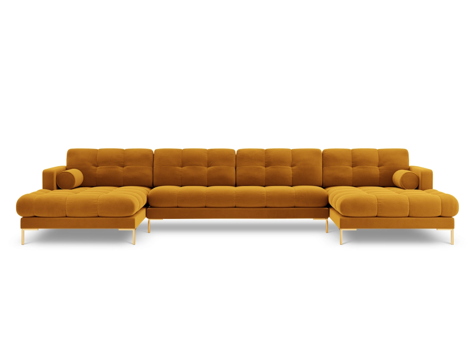 Stilvolles 7-Sitzer Panoramic Sofa Bali in leuchtendem Gelb-Bluvel, perfekt für entspannte Abende und gesellige Zusammenkünfte.
