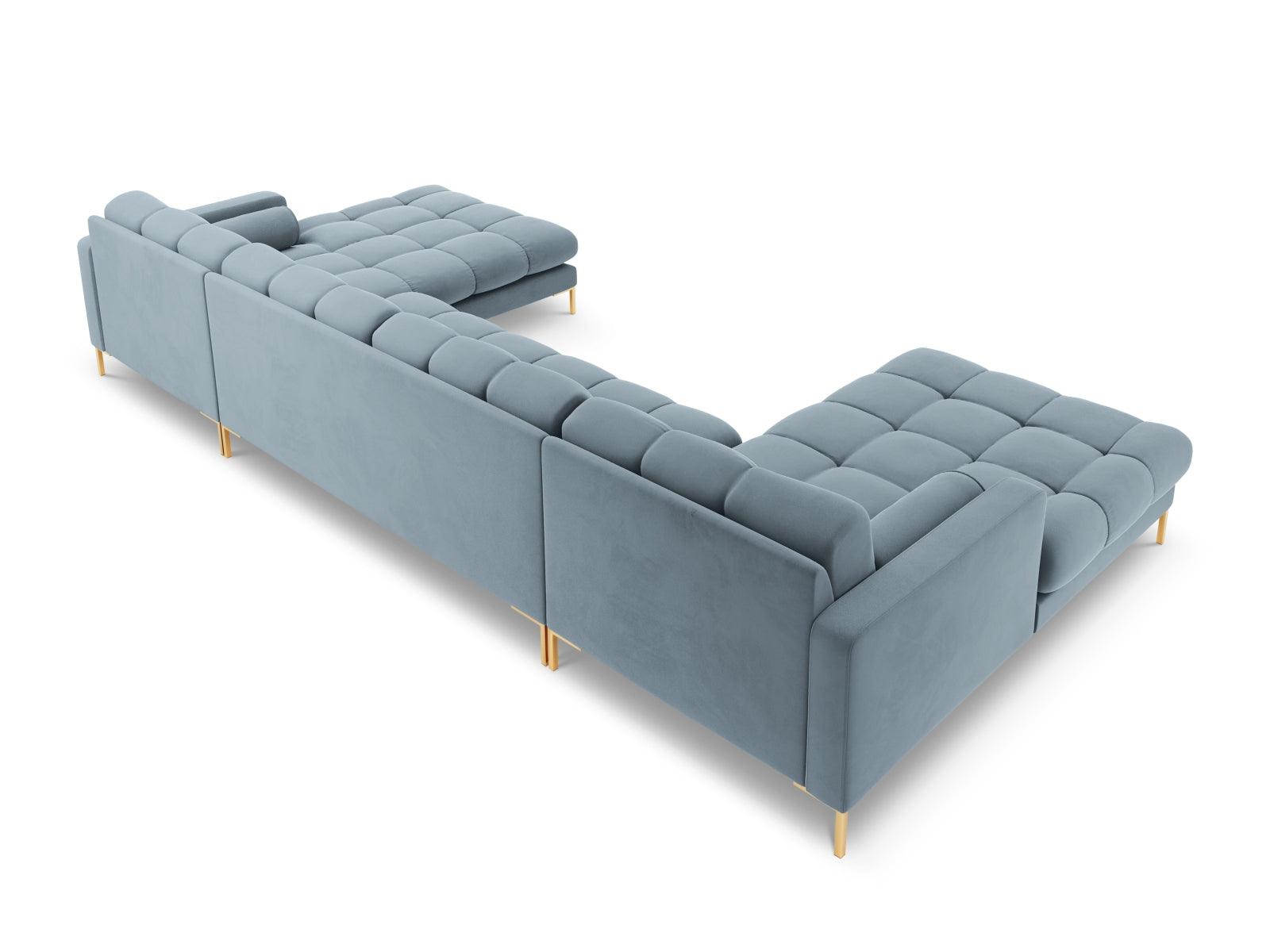 Elegantes 7-Sitzer Ecksofa Bali in sanftem Hellblau, ideal für stilvolle Wohnräume und gesellige Abende mit Freunden.