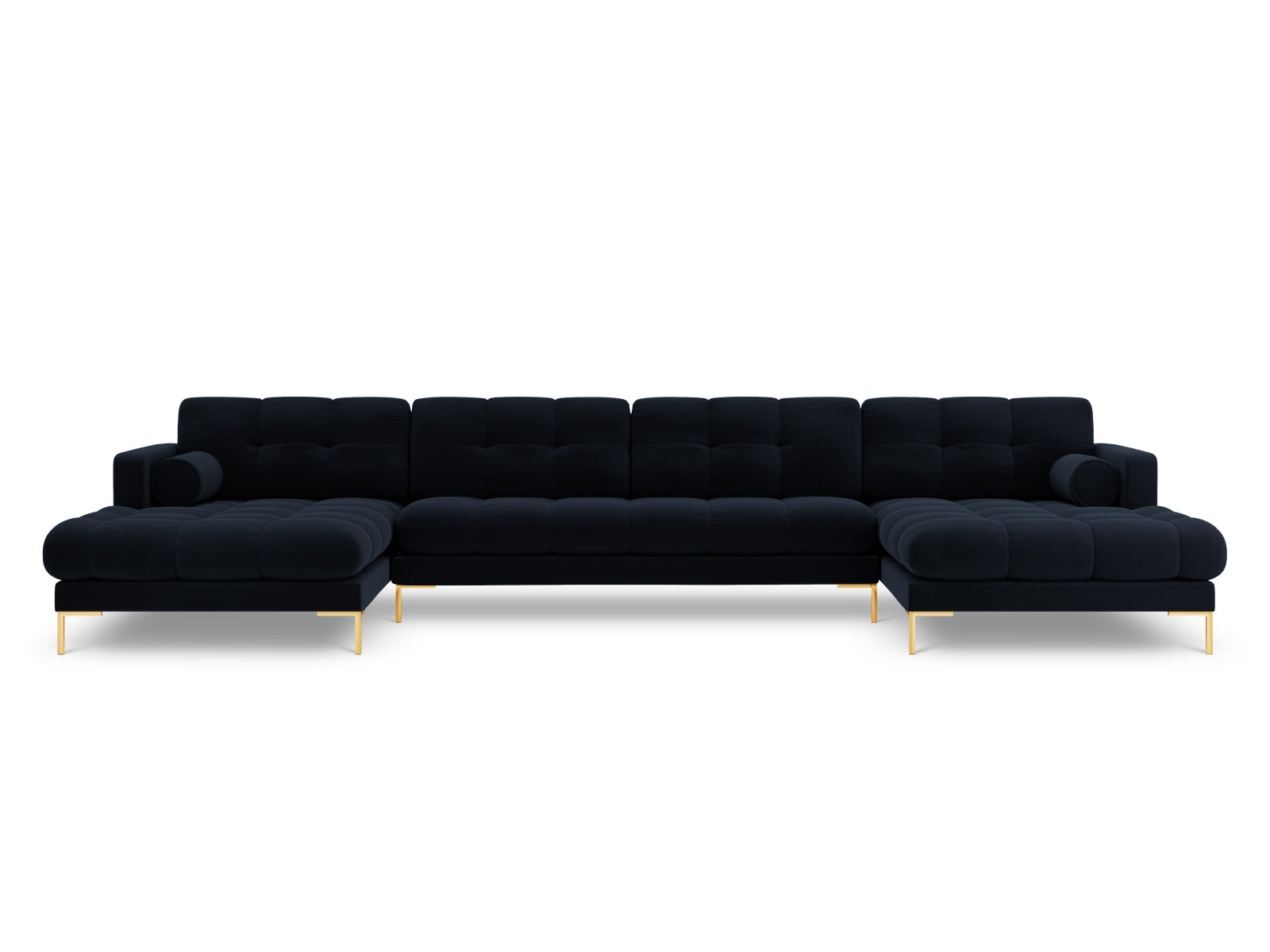 Geräumiges 7-Sitzer Ecksofa Bali in edlem Blau, perfekt für gemütliche Abende und stilvolle Einrichtungsideen.