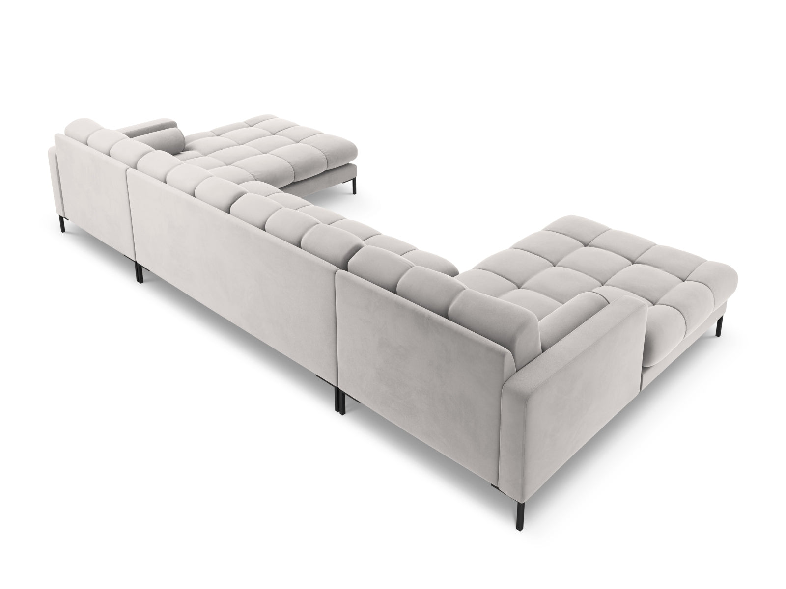 Elegantes 7-Sitzer Ecksofa Bali in modernem Silver-Bluvel, ideal für entspannte Stunden und gesellige Zusammenkünfte im Wohnzimmer.