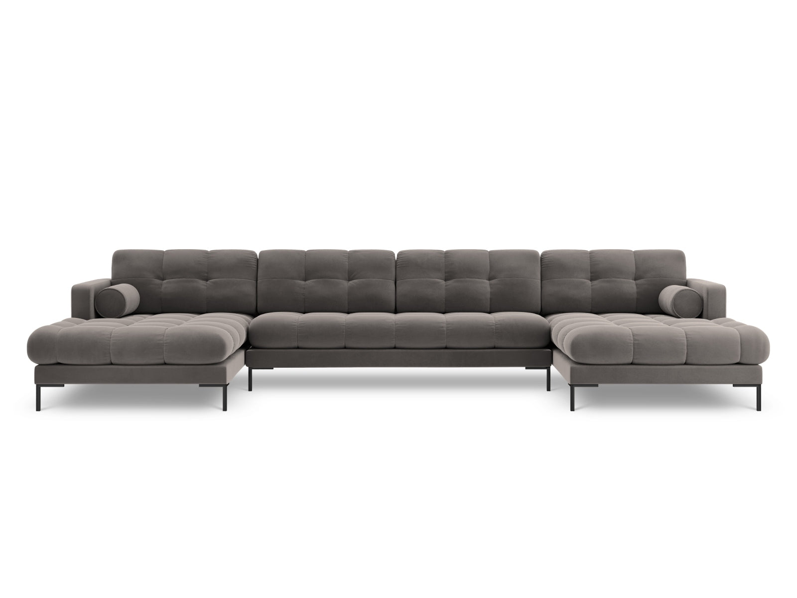 Elegantes 7-Sitzer Ecksofa Bali in sanftem Light Grey-Bluvel, ideal für stilvolle Wohnräume und gesellige Abende.