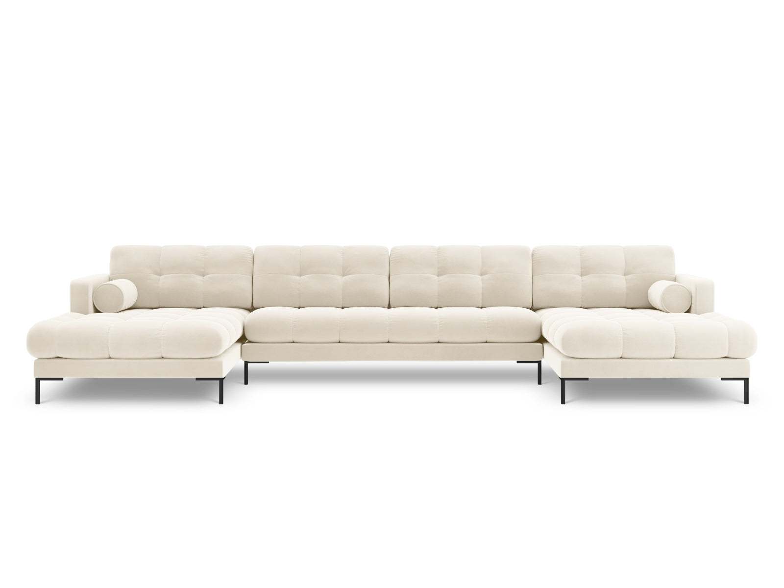 Elegantes 7-Sitzer Ecksofa Bali in sanftem Beige-Bluvel, ideal für stilvolle Wohnräume, präsentiert von Cosmopolitan Design.