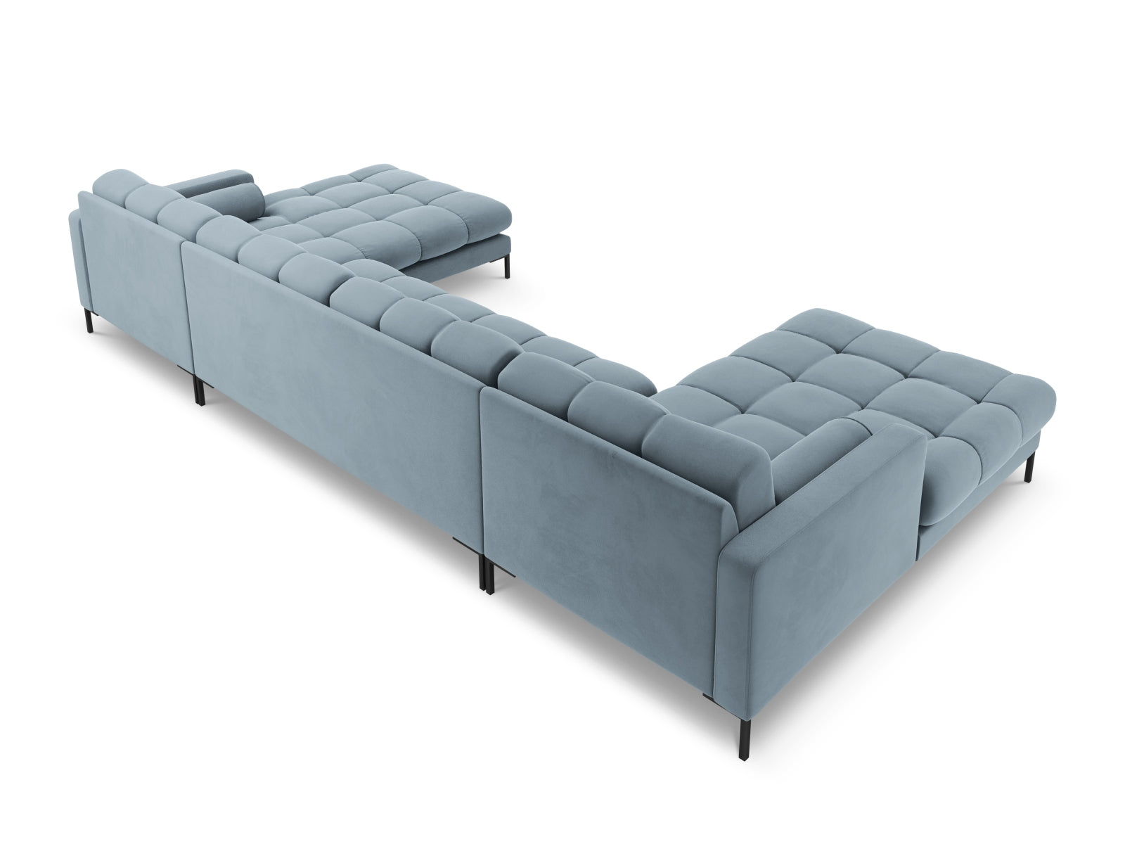 Elegantes 7-Sitzer Ecksofa Bali in sanftem Hellblau, ideal für stilvolle Wohnräume und gesellige Abende mit Freunden.
