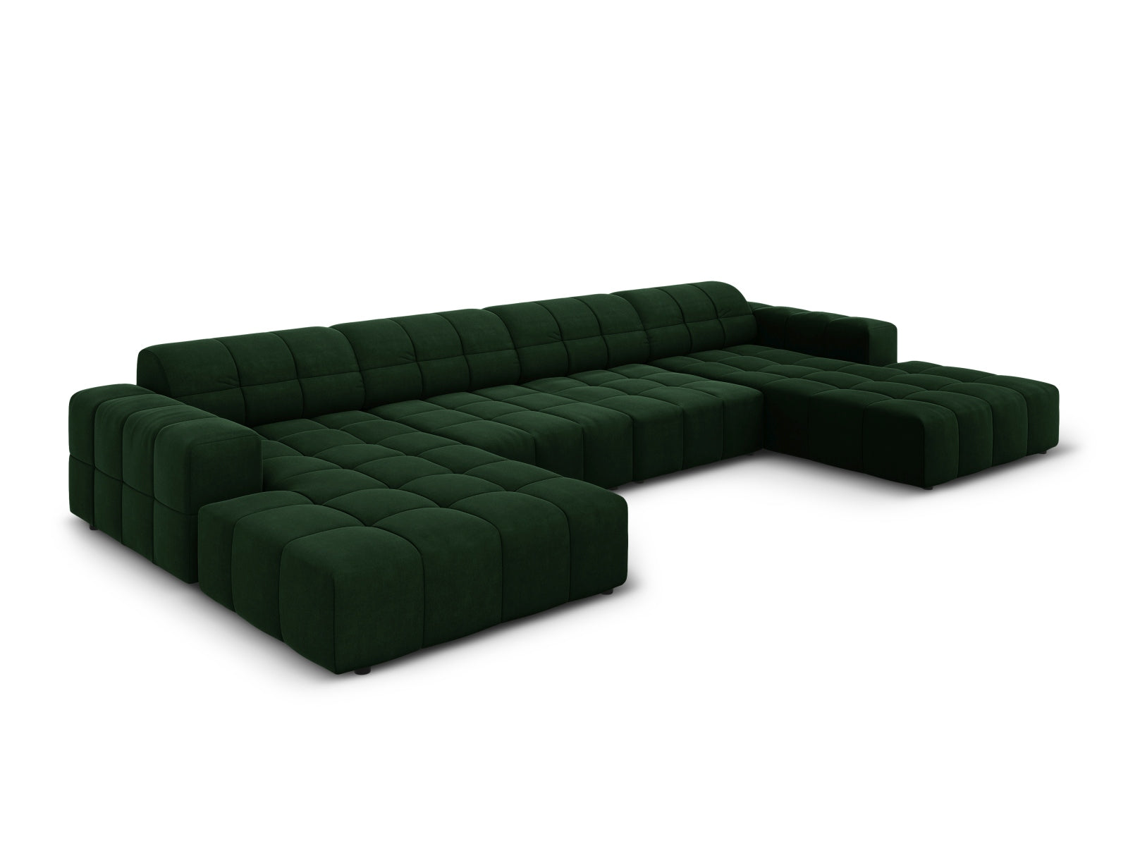 Elegantes Chicago Velour Panoramic Sofa für 6 Personen in edlem Bottle Green-Bluvel, ideal für stilvolle Wohnräume.