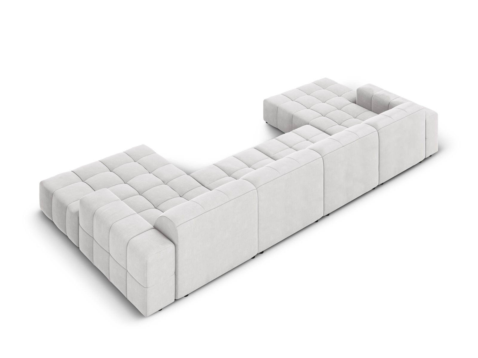 Modernes 6-Sitzer Chicago Velour Panoramic Sofa in edlem Silver-Bluvel, perfekt für stilvolle Wohnzimmer und gesellige Runden.