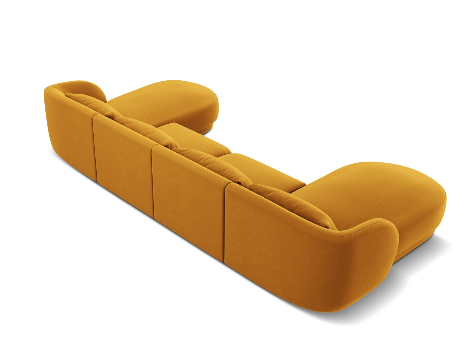 Elegantes 5-Sitzer Sofa Tulum in Gelb-Blau aus weichem Velours, ideal für stilvolle Wohnräume und gesellige Abende.