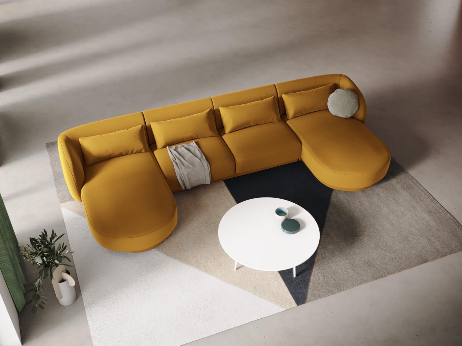 Elegantes Tulum Velour Panoramic Sofa in Gelb-Blau, ideal für stilvolle Wohnräume. 5-Sitzer mit modernem Design von Cosmopolitan Design.