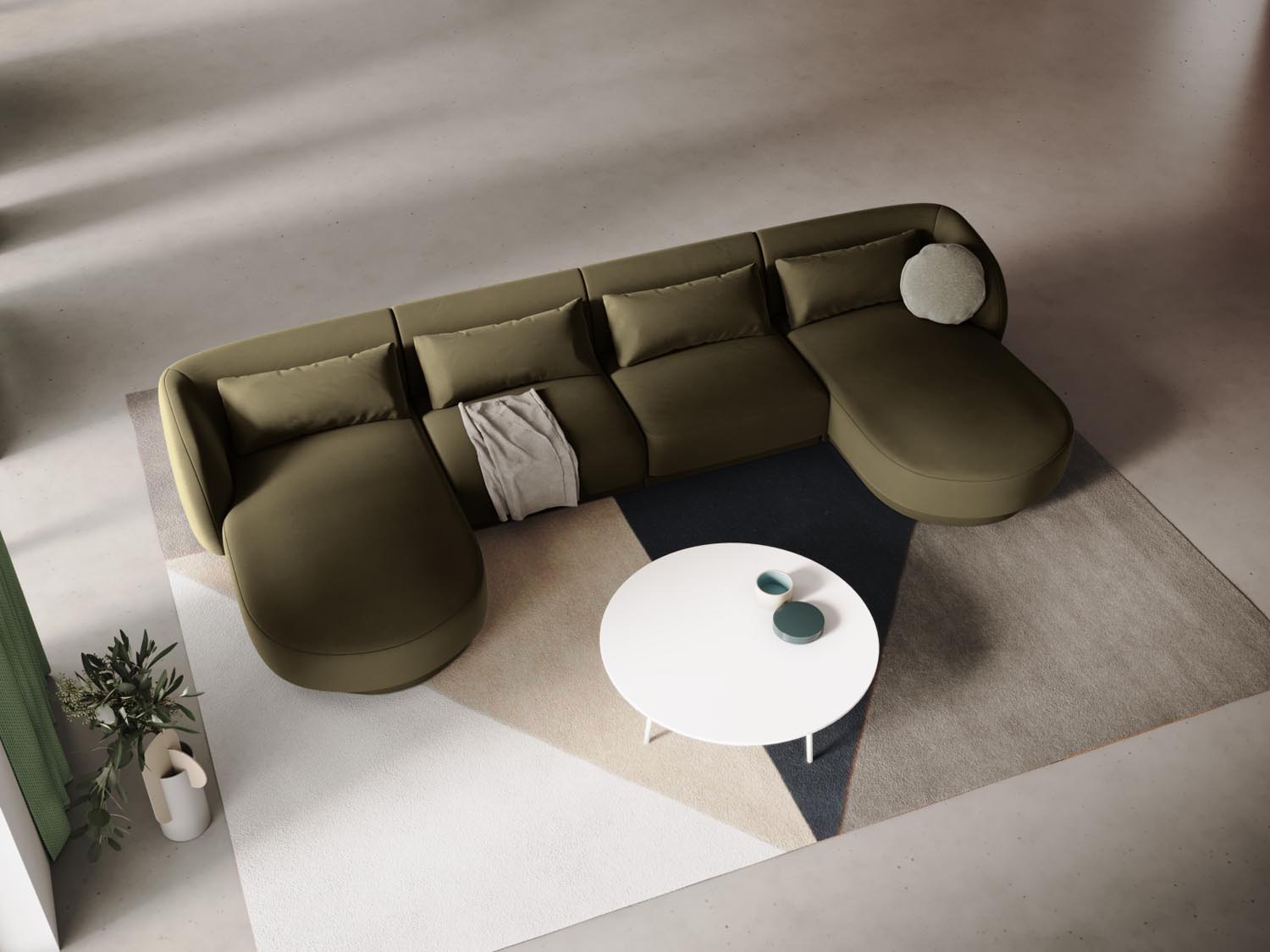 Elegantes Tulum Velour Panoramic Sofa in Grün-Blau, ideal für stilvolle Wohnräume. Komfortables 5-Sitzer-Design von Cosmopolitan Design.
