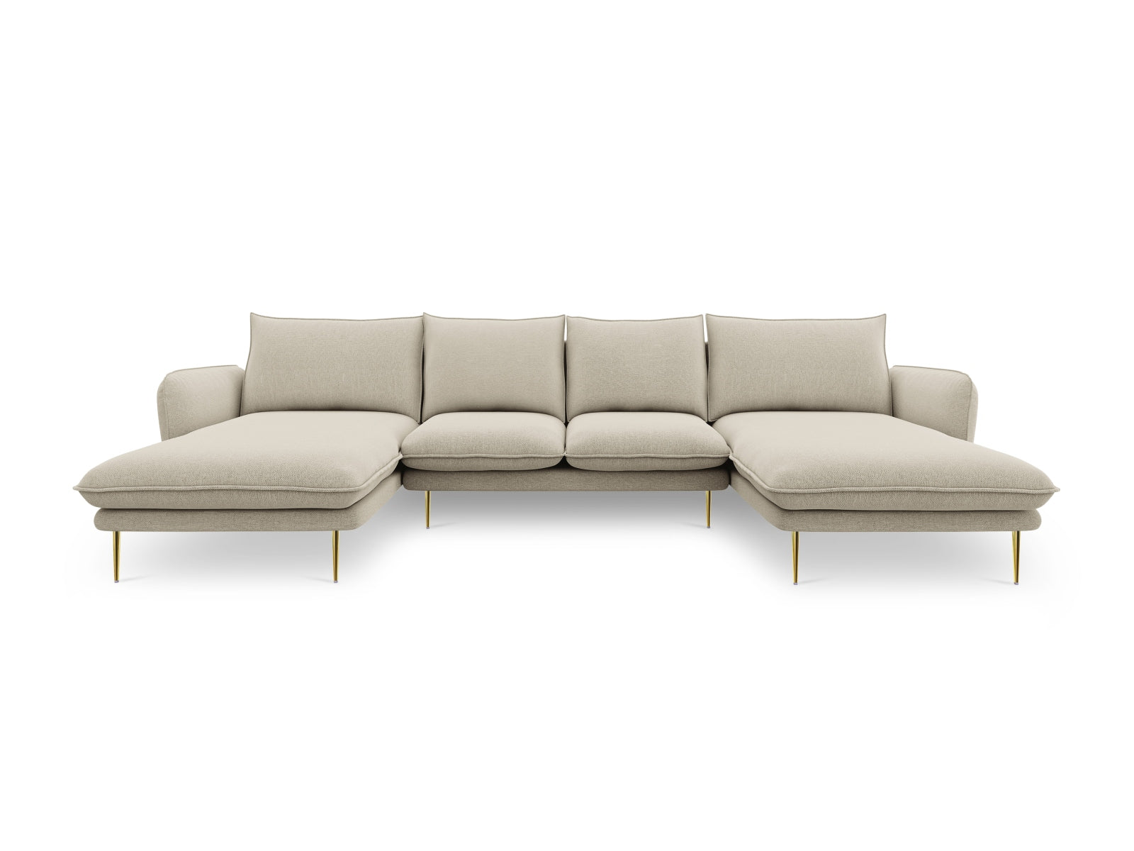 Stilvolles 6-Sitzer Vienna Panoramic Sofa in Beige und Gold-Positano, perfekt für einladende und moderne Wohnambiente.