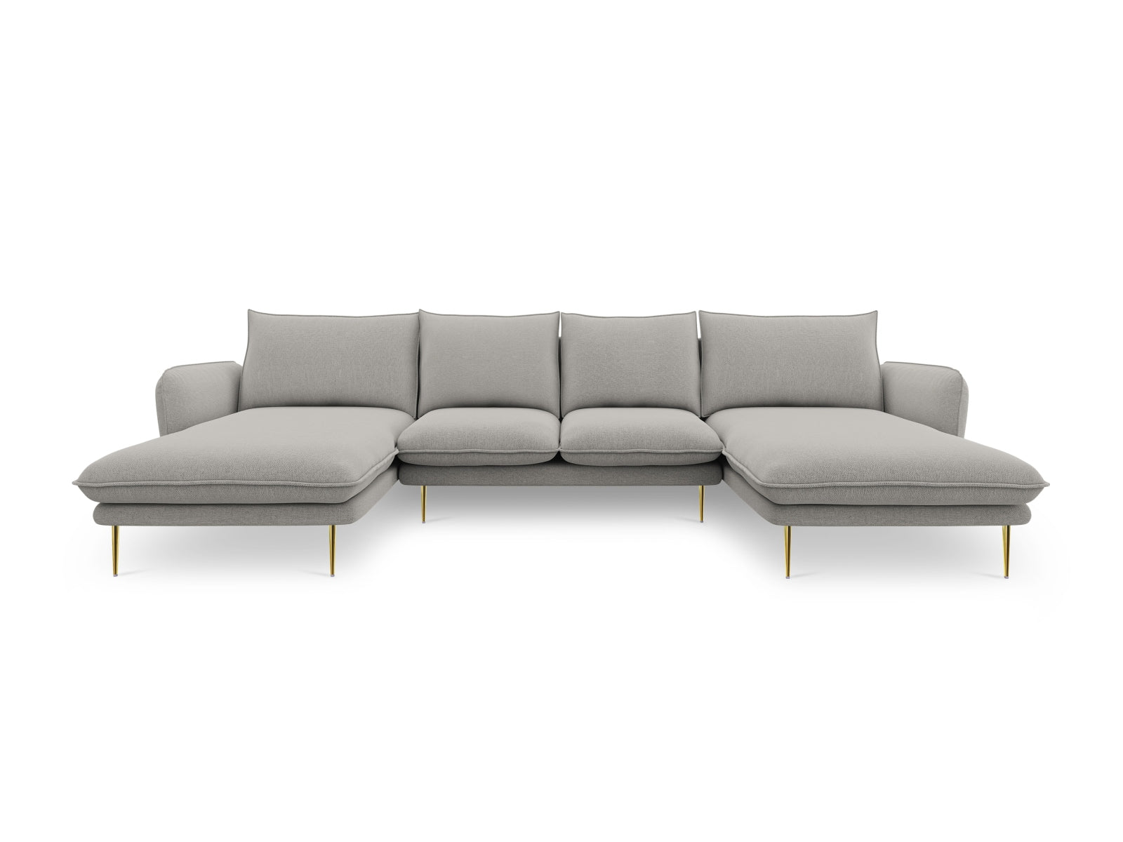 Modernes 6-Sitzer Vienna Panoramic Sofa in hellem Grau mit goldenen Details, perfekt für ein elegantes und einladendes Wohnzimmer.