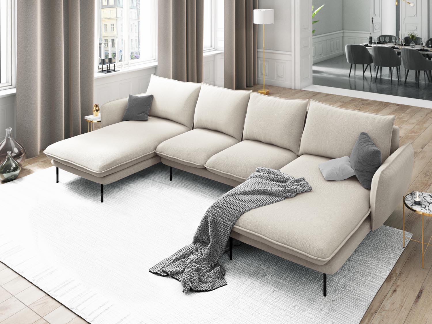 Elegantes Vienna Panoramic Sofa für 6 Personen in Light Beige und Schwarz, ideal für stilvolle Wohnräume und gemütliche Abende.