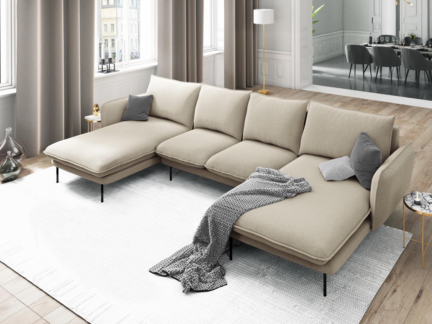 Elegantes Vienna Panoramic Sofa für 6 Personen in stilvollem Beige und Schwarz, ideal für moderne Wohnräume.