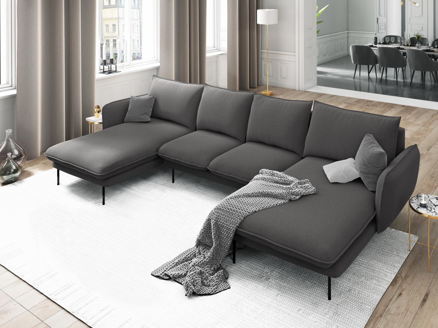 Elegantes Vienna Panoramic Sofa für 6 Personen in Dunkelgrau/Schwarz, ideal für stilvolle Wohnräume. Entspanne im modernen Design.